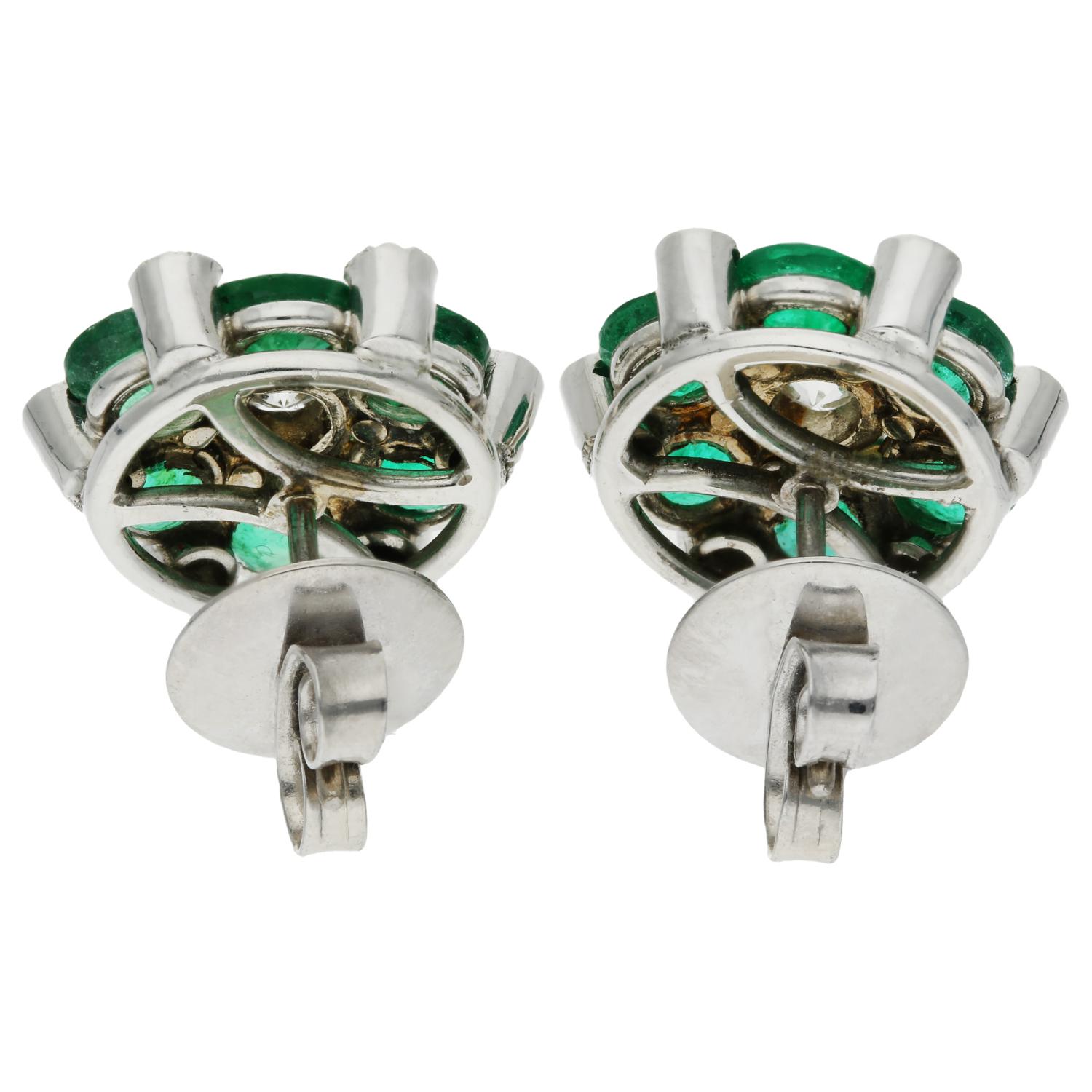 Round Cut 18ct White Gold 2.40ct Emerald & 0.90ct Diamond Cluster Earrings For Sale