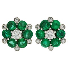 18ct White Gold 2.40ct Emerald & 0.90ct Diamond Cluster Earrings