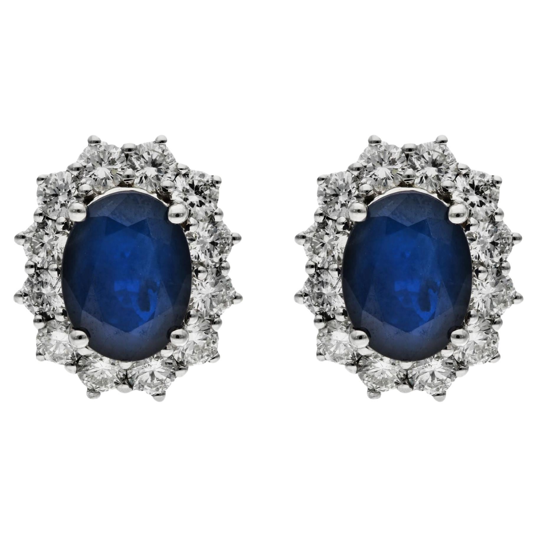 18ct White Gold 2.40ct Sapphire & 1.24ct Diamond Halo Stud Earrings For Sale