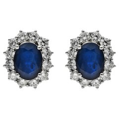18ct White Gold 2.40ct Sapphire & 1.24ct Diamond Halo Stud Earrings