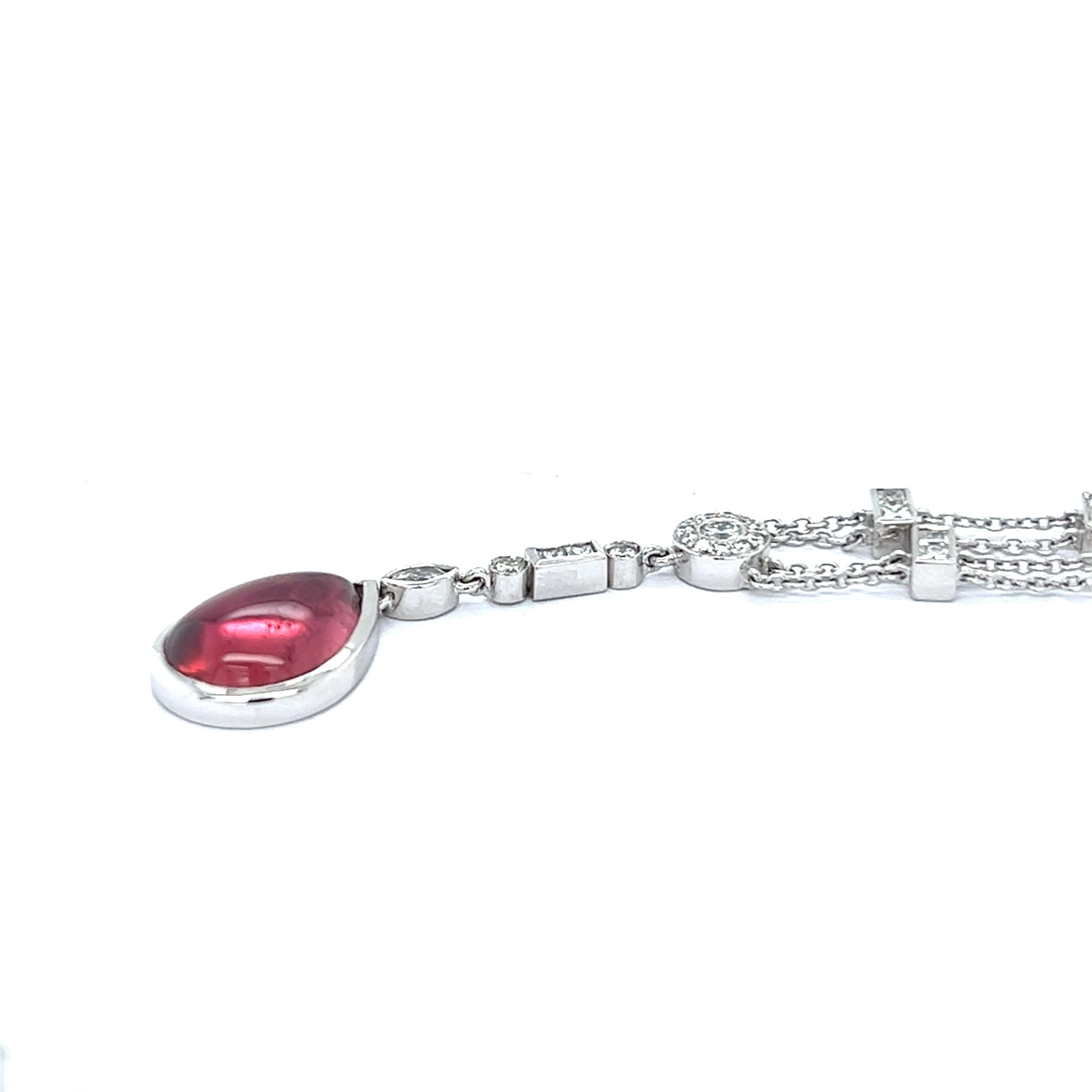 Cabochon 18ct White Gold 2.59ct Pink Tourmaline and Diamond Drop Necklace For Sale