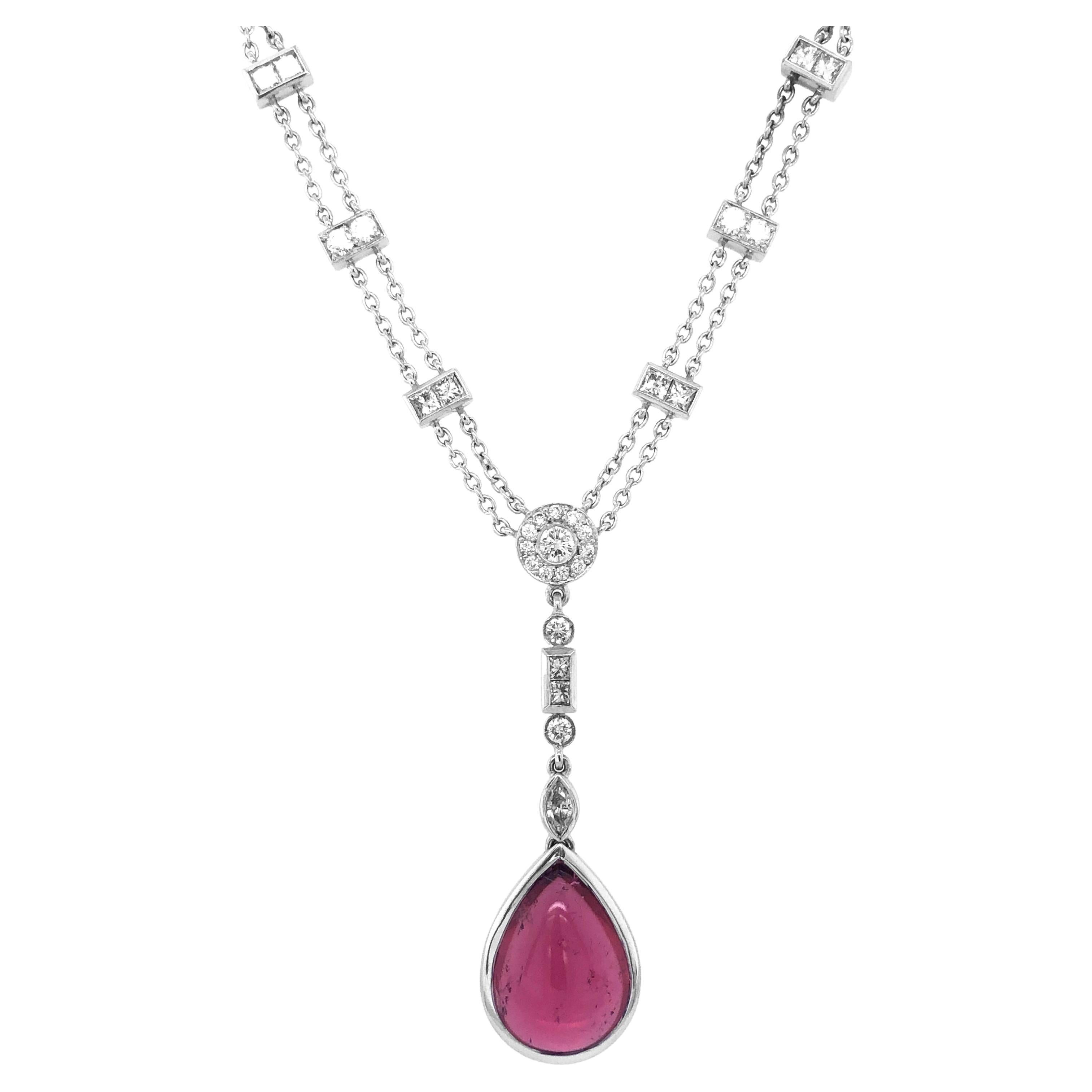 18ct White Gold 2.59ct Pink Tourmaline and Diamond Drop Necklace For Sale