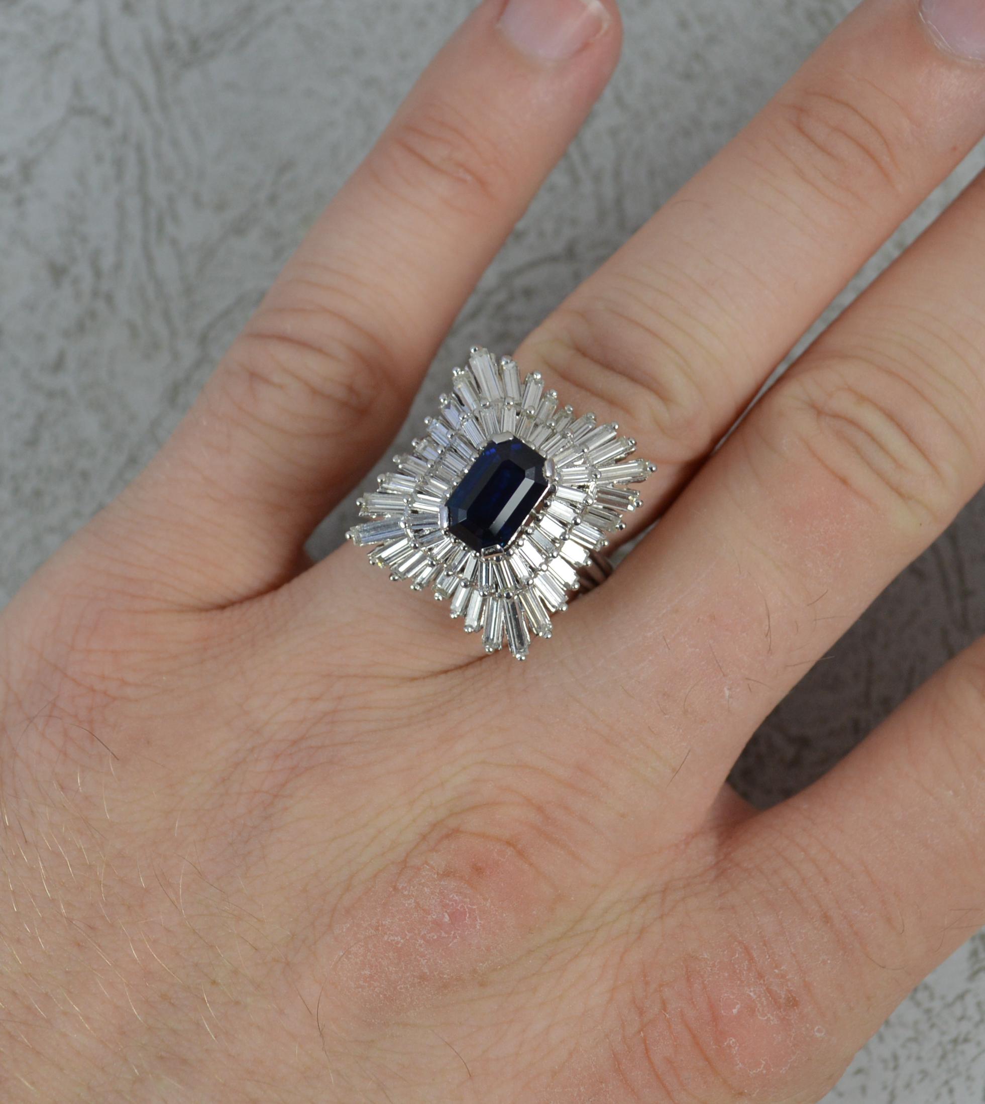 18ct White Gold 2.75ct Diamond and Sapphire Ballerina Cluster Cocktail Ring In Excellent Condition For Sale In St Helens, GB