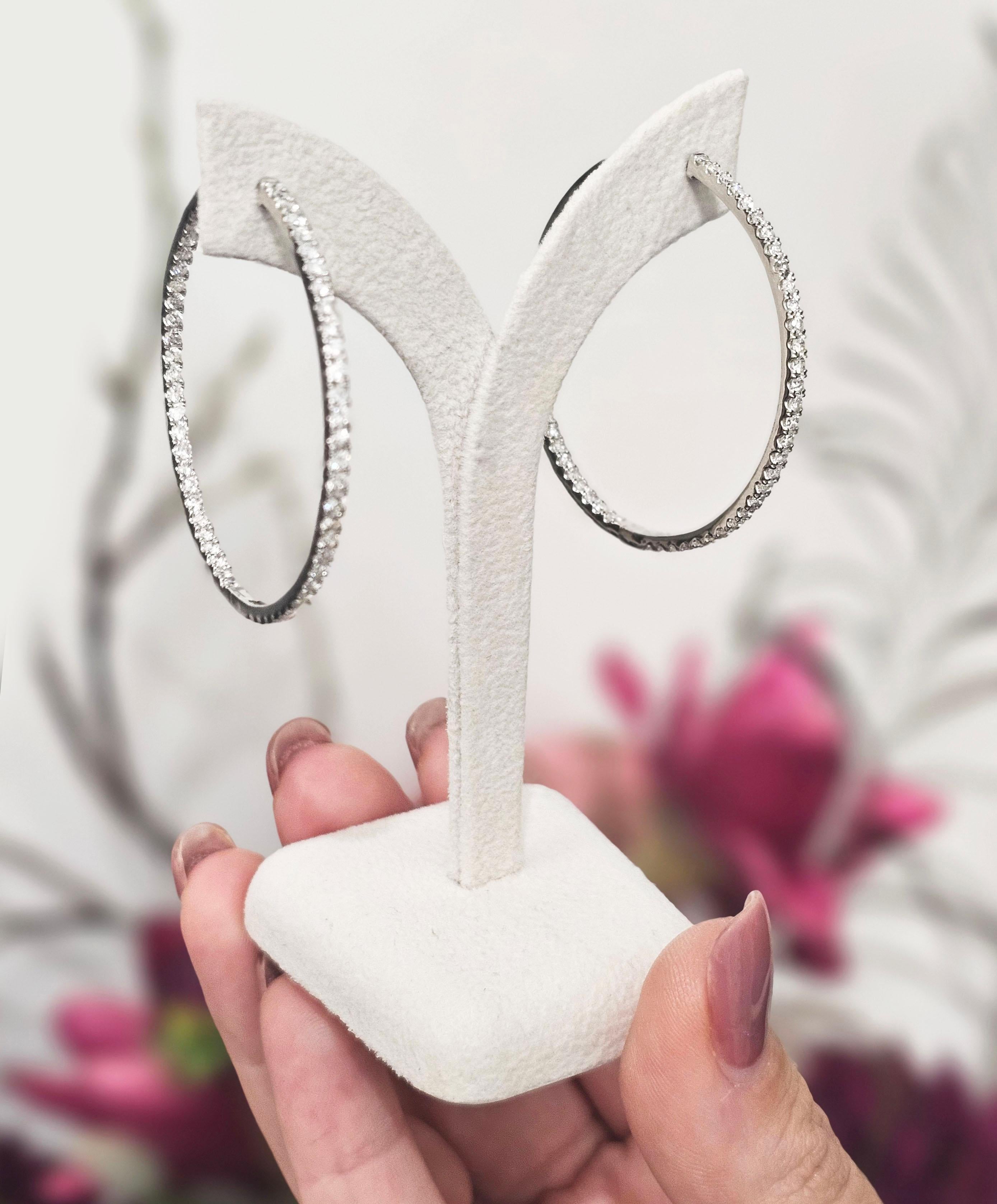 Women's or Men's 18CT White Gold 3.00CT Diamond Hoop Earrings For Sale