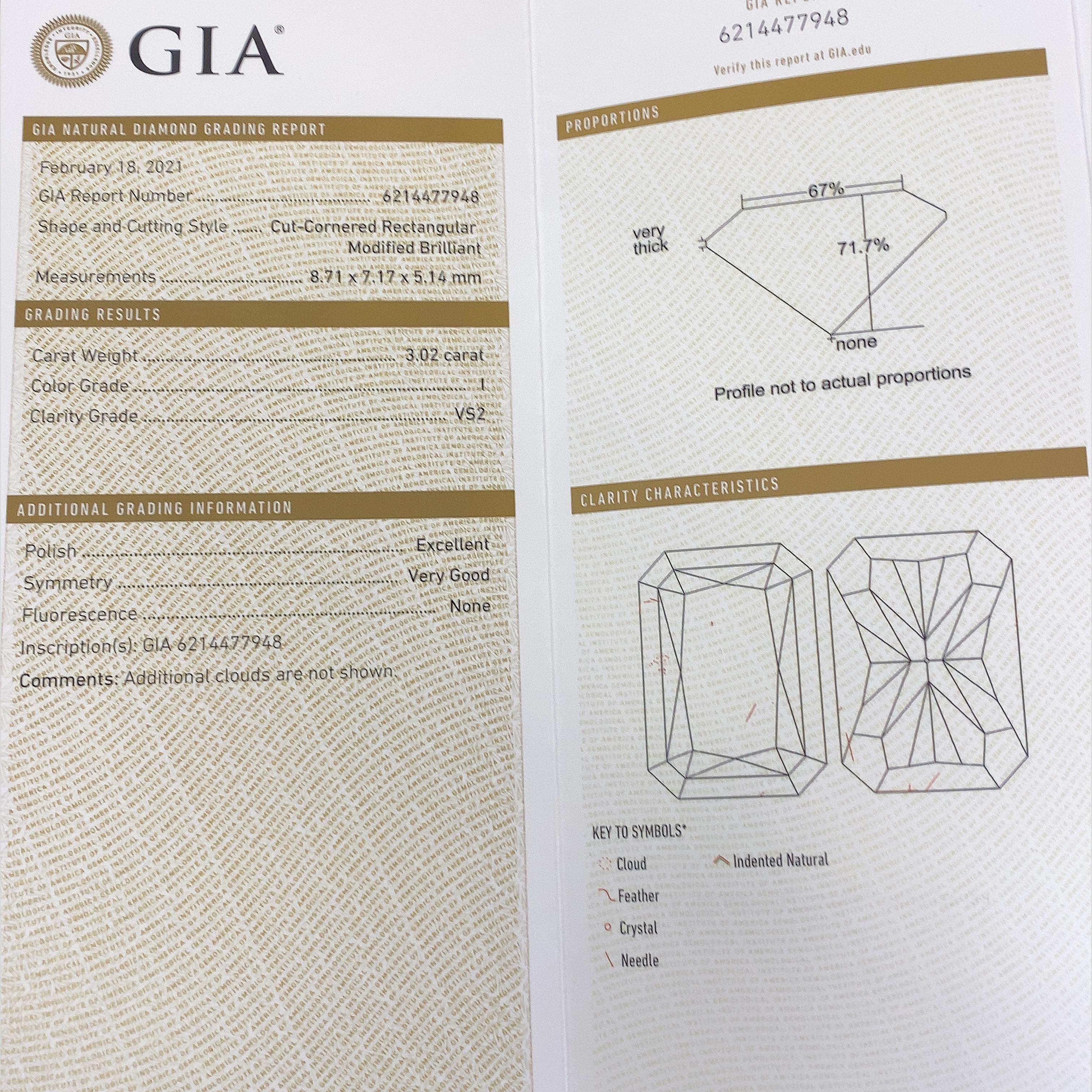18ct White Gold, 3.01ct I/VS2 Rectangular Diamond GIA Certified In New Condition For Sale In London, GB