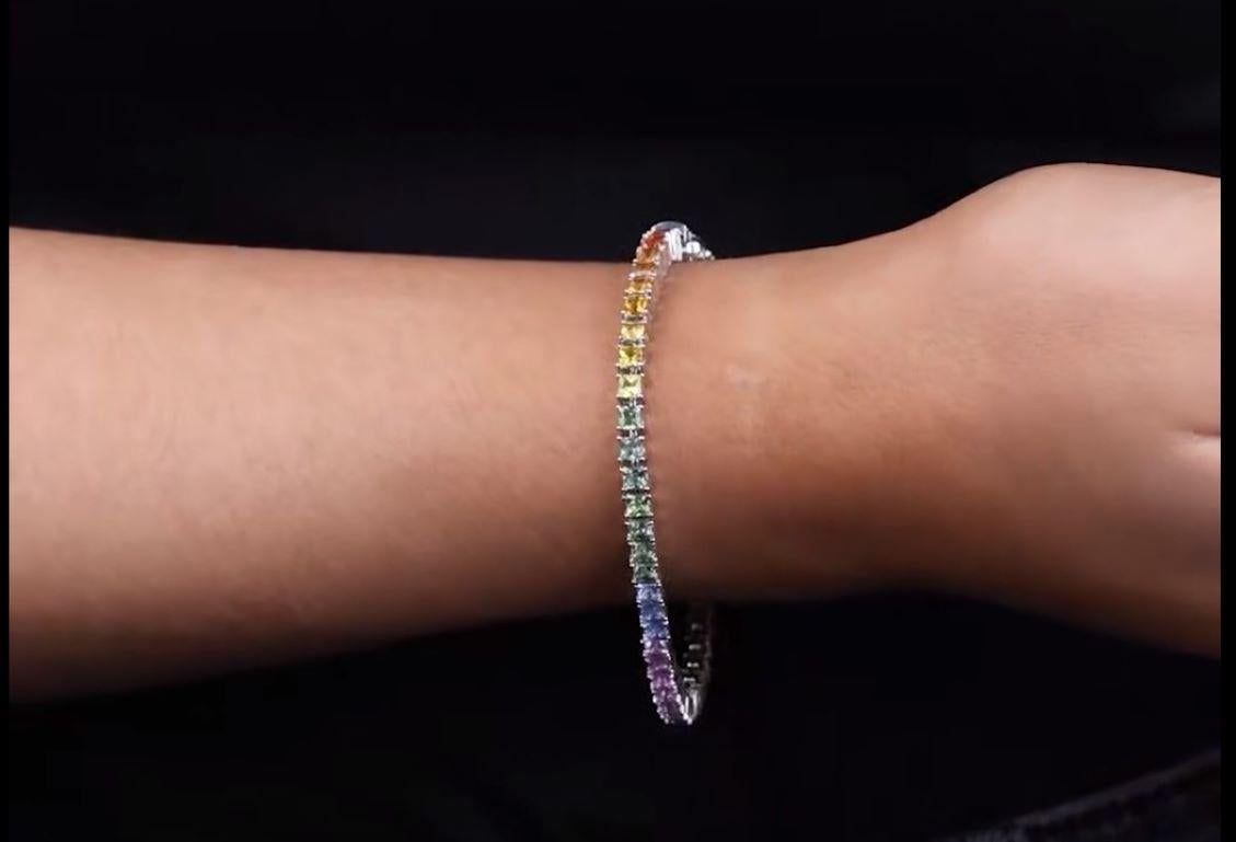Princess Cut 18ct White Gold 8ct Rainbow Sapphire Tennis Bracelet For Sale