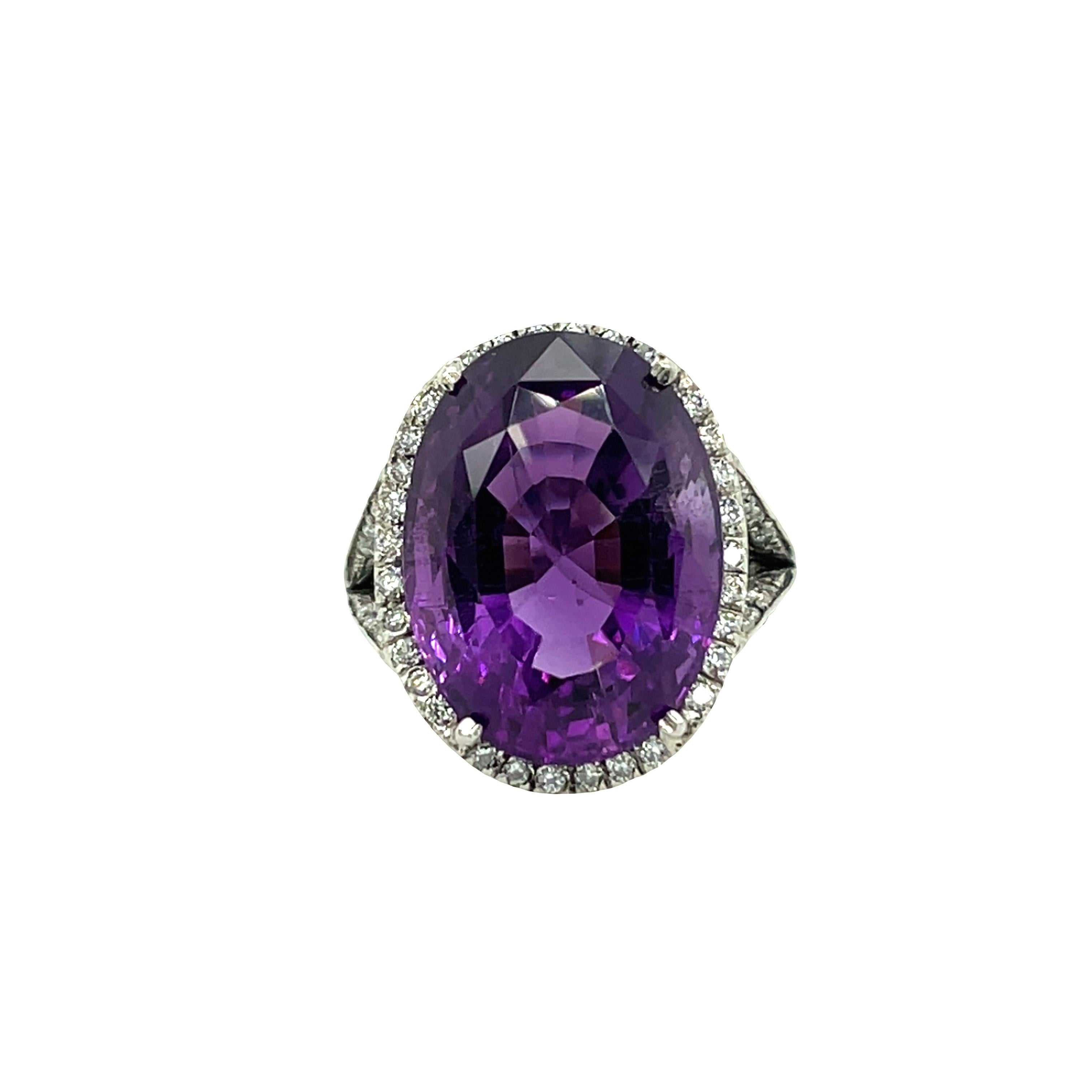Oval Cut 18ct White Gold Amethyst Ring Set With Diamonds on Halo For Sale