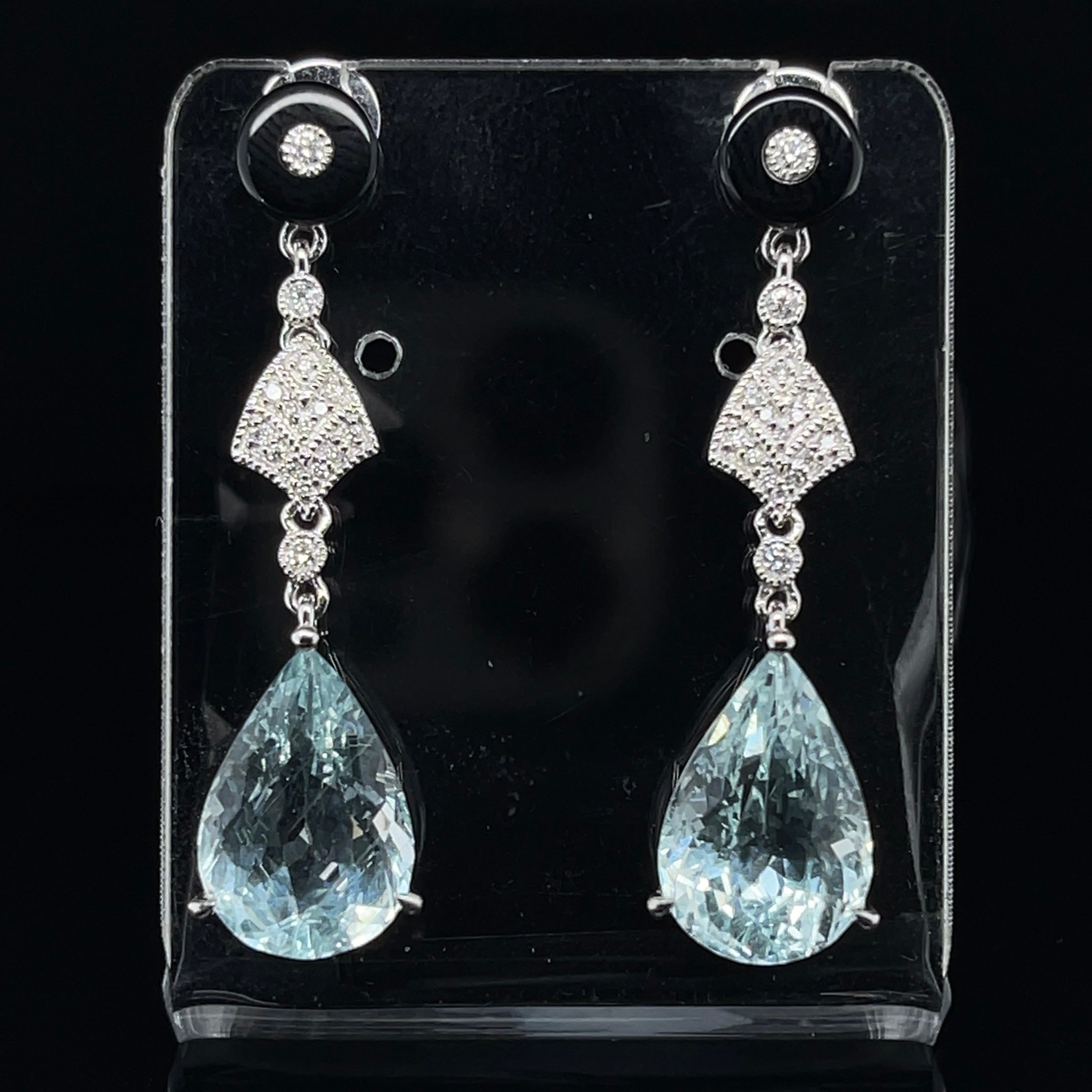 Pear Cut 18ct White Gold Aquamarine and Diamond Pierced Drop Earring For Sale
