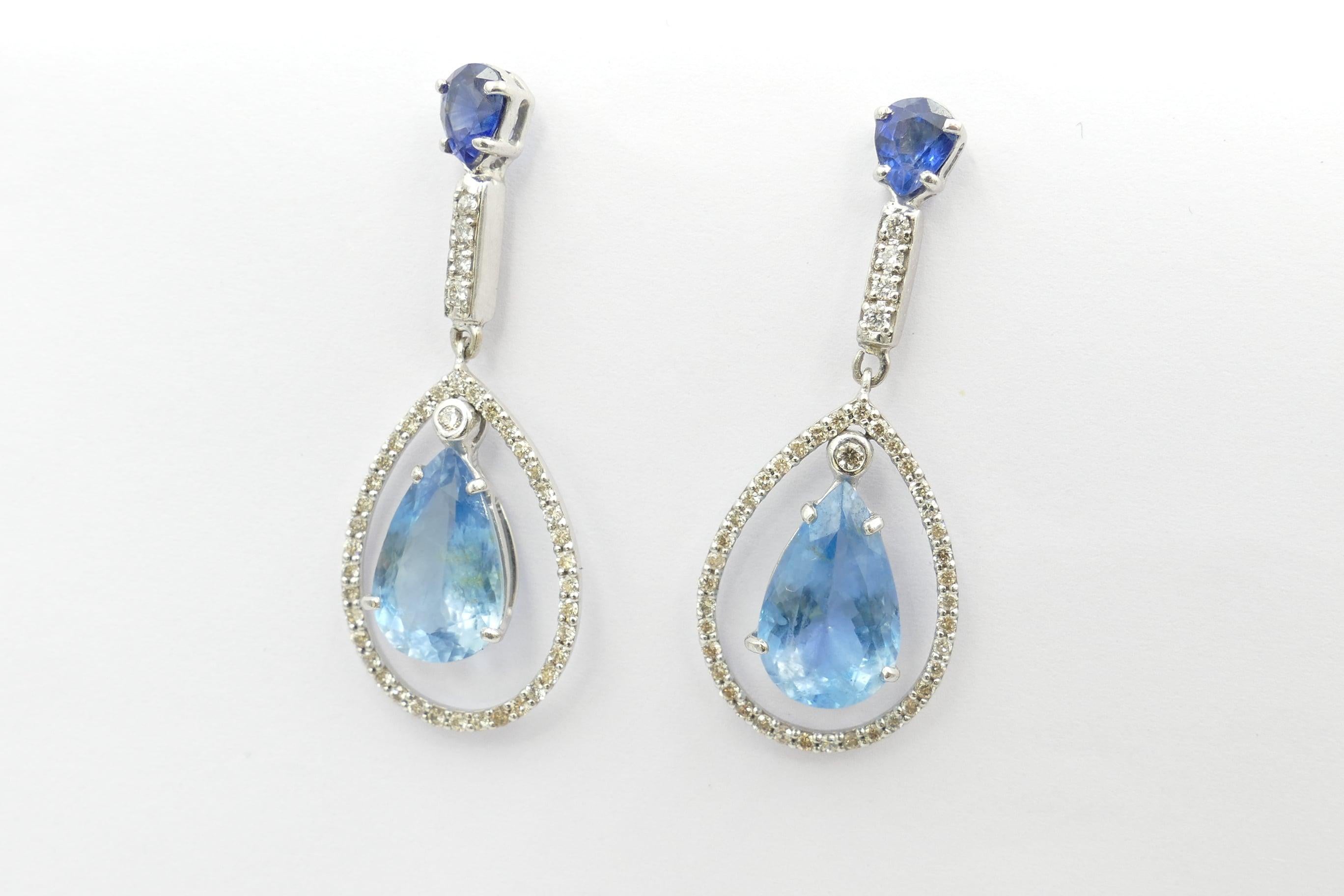 Modern 18 Carat White Gold Aquamarine, Blue Sapphire and Diamond Drop Earrings