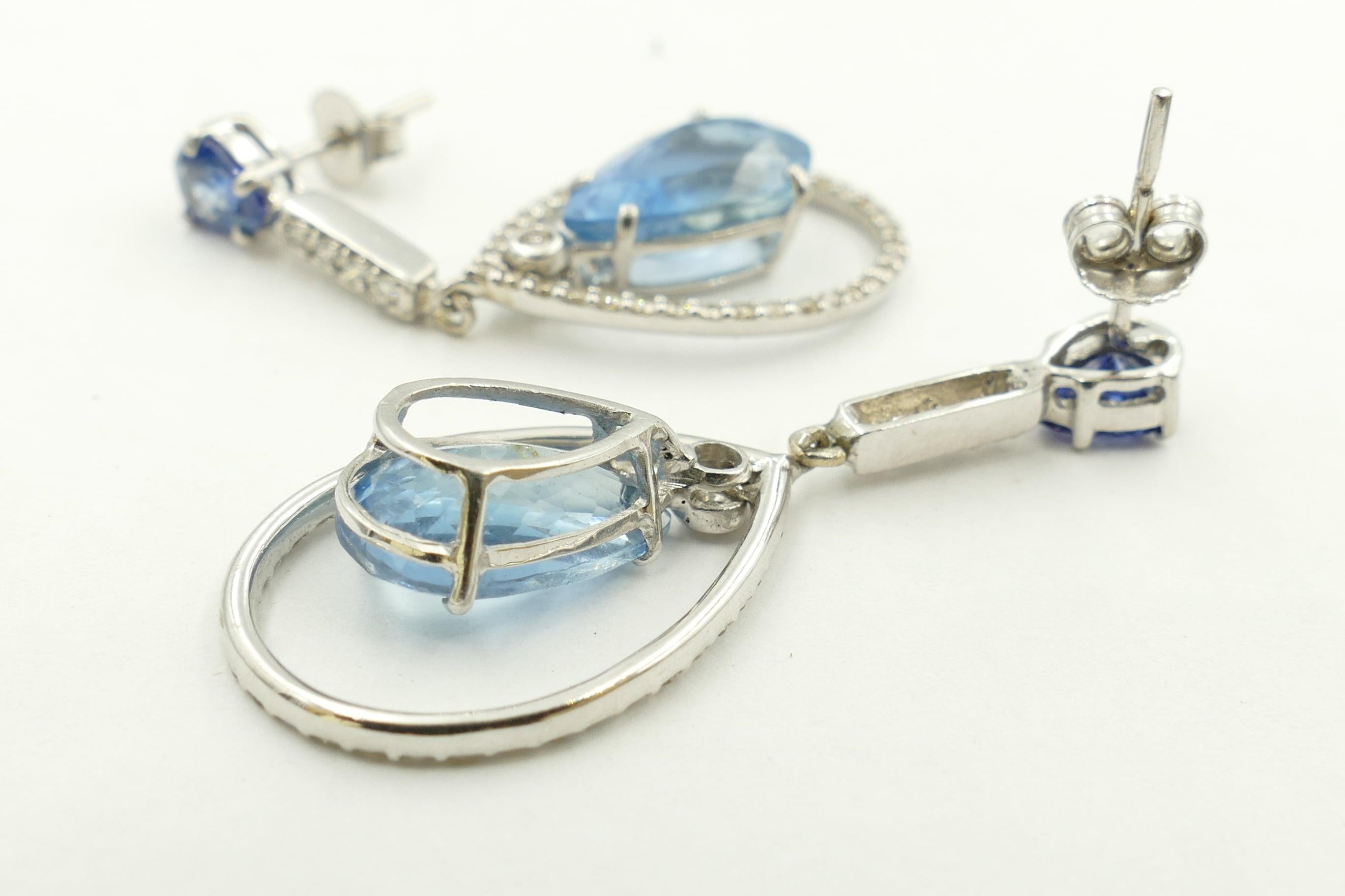 Mixed Cut 18 Carat White Gold Aquamarine, Blue Sapphire and Diamond Drop Earrings