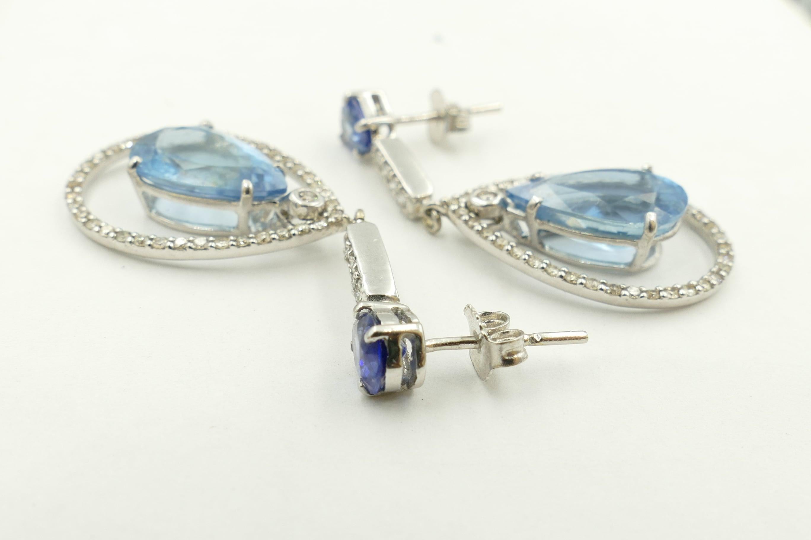 18 Carat White Gold Aquamarine, Blue Sapphire and Diamond Drop Earrings In New Condition In Splitter's Creek, NSW