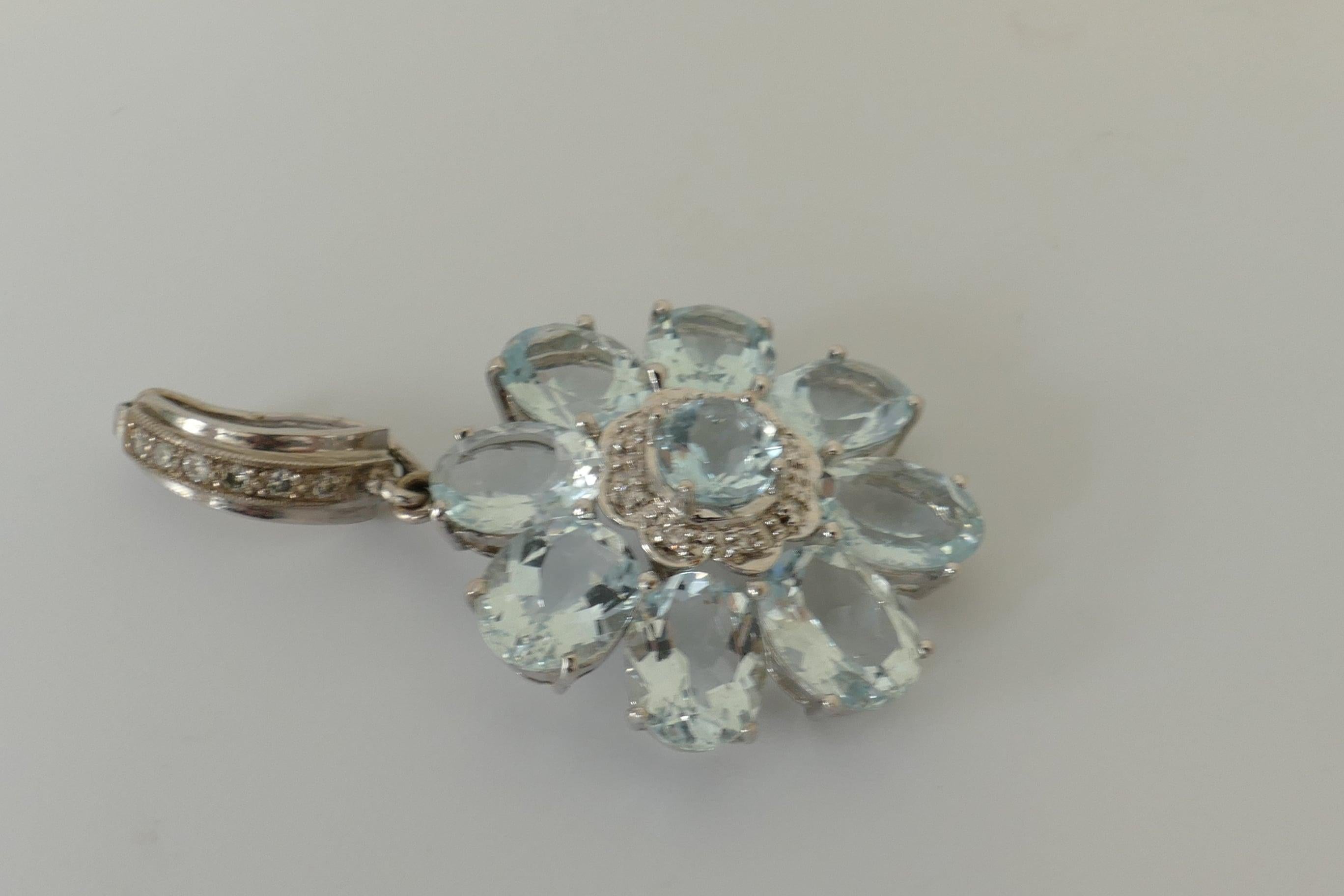 Women's 18 Carat White Gold Aquamarine and Diamond Flower Enhancer