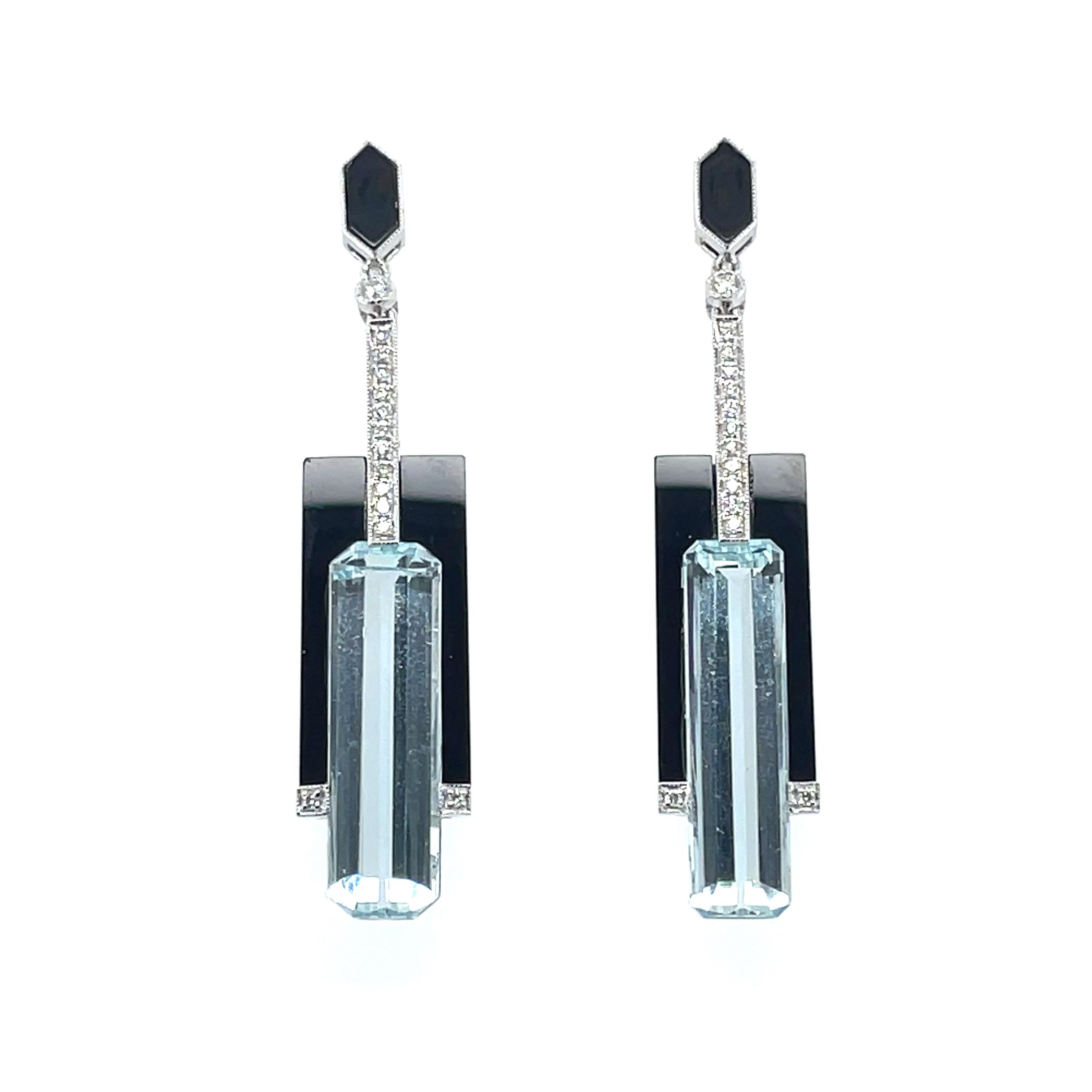 18ct White Gold Aquamarine, Onyx and Diamond Stud Drop Earrings