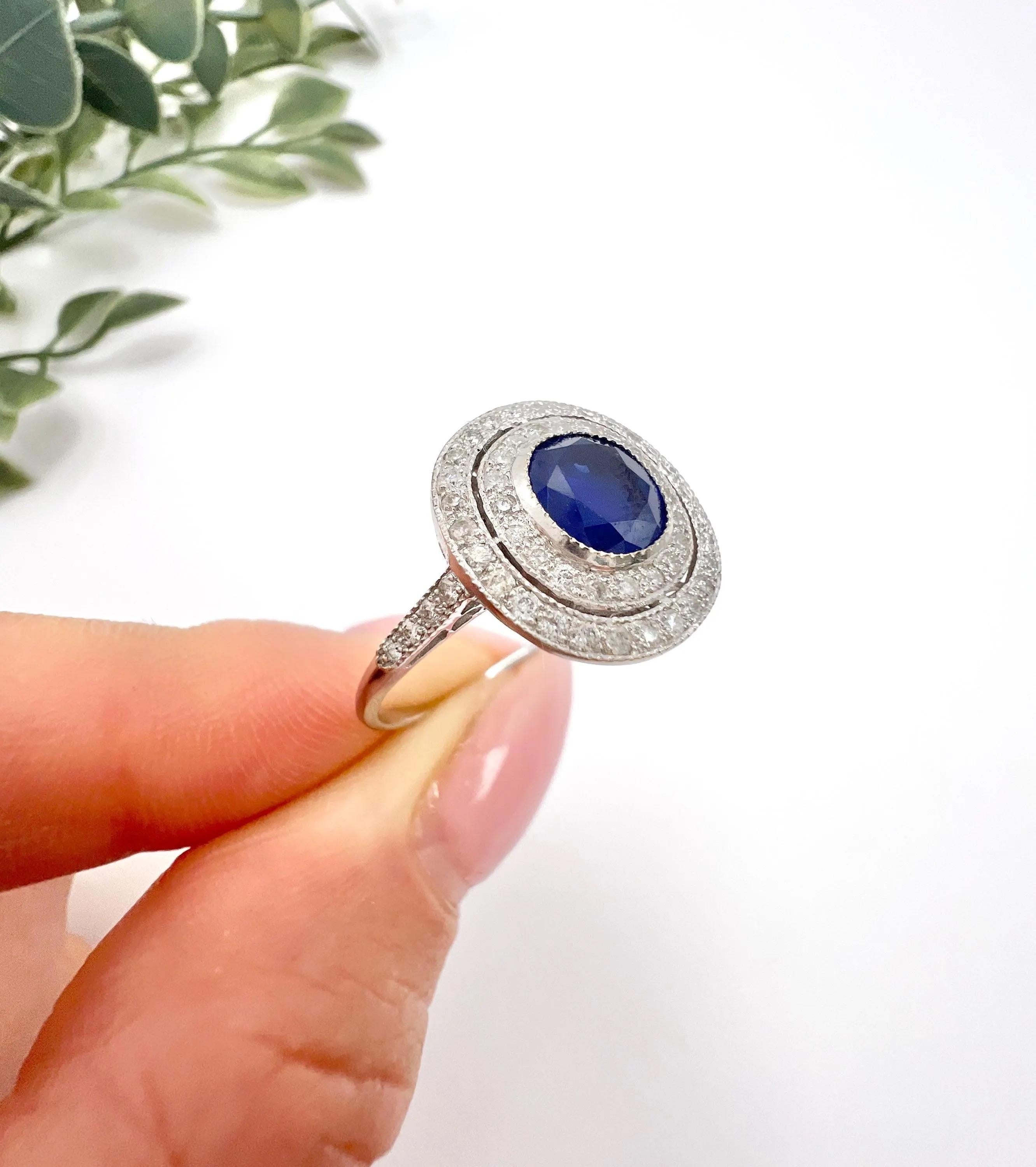 18ct White Gold, Art Deco Style Sapphire & Diamond Double Halo Ring For Sale 5