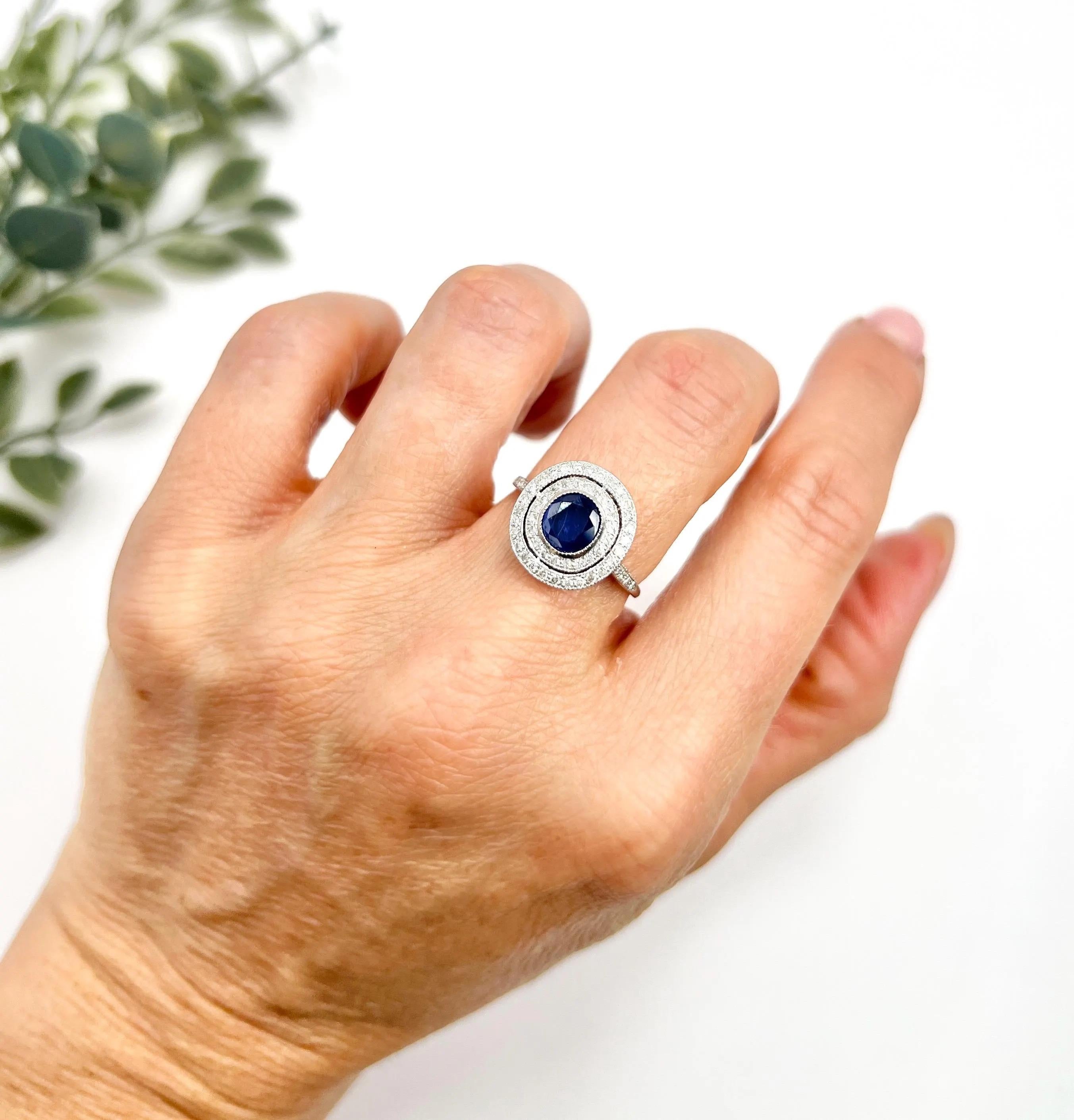 Oval Cut 18ct White Gold, Art Deco Style Sapphire & Diamond Double Halo Ring For Sale