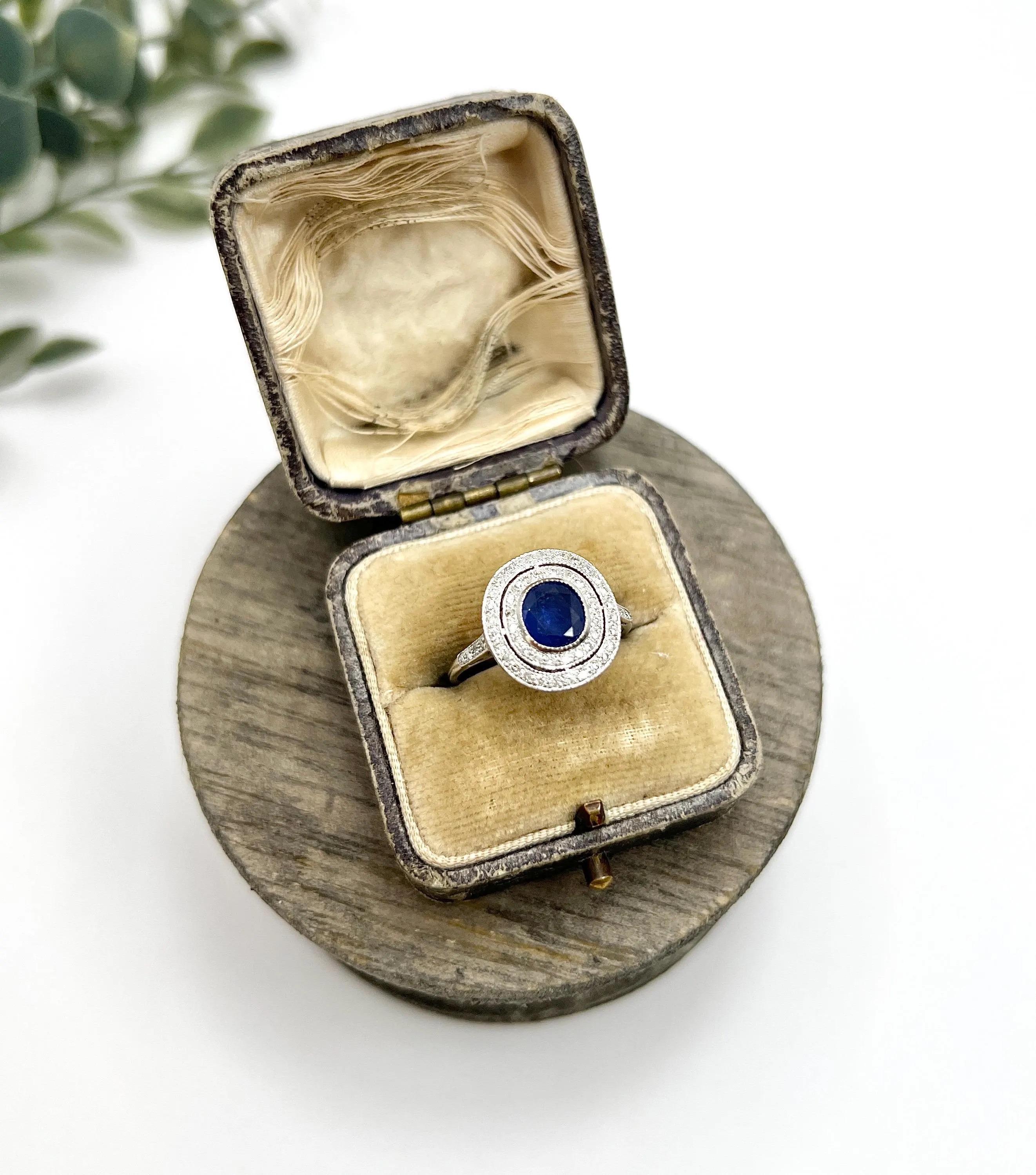 18ct White Gold, Art Deco Style Sapphire & Diamond Double Halo Ring For Sale 1