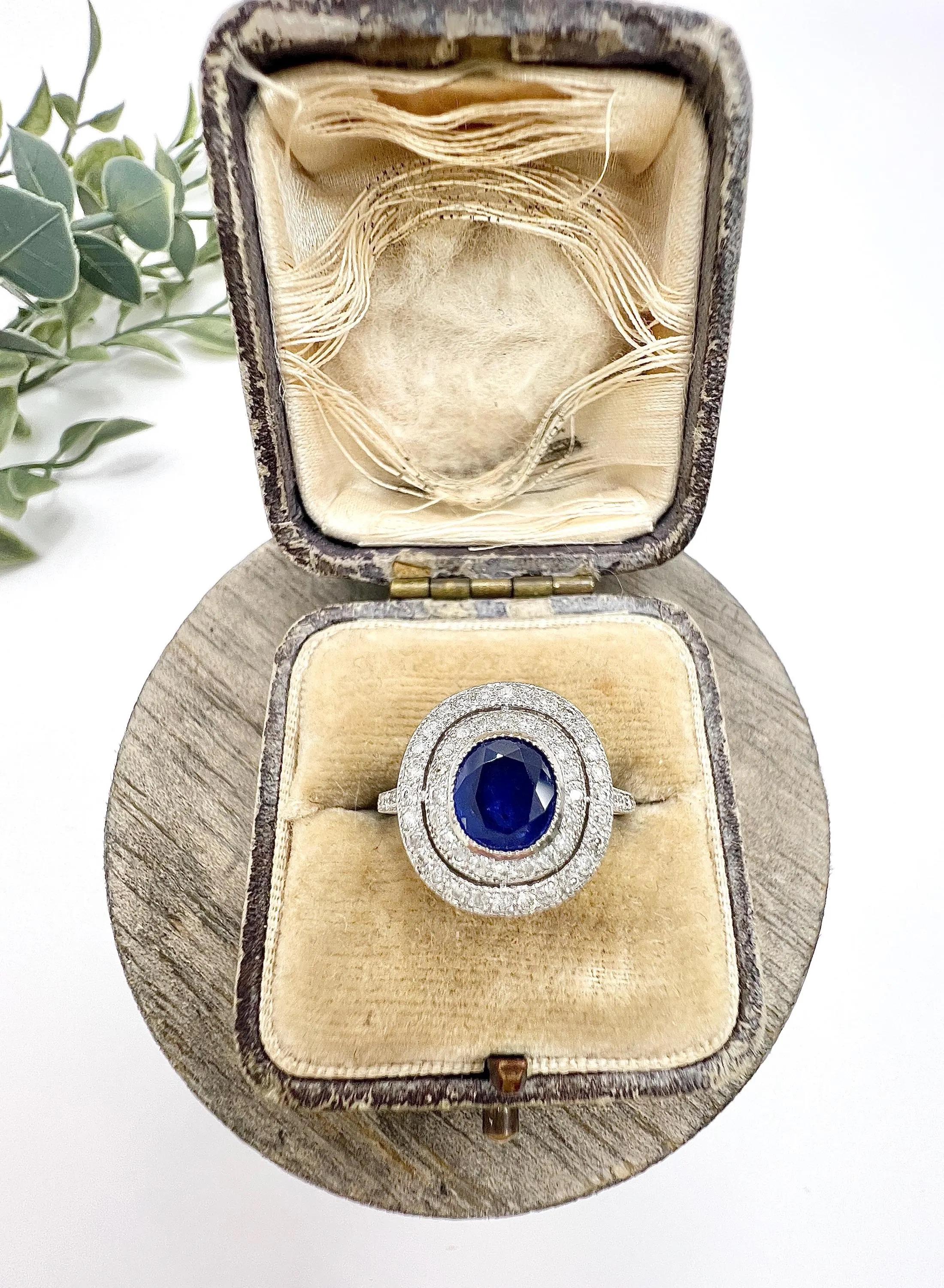 18ct White Gold, Art Deco Style Sapphire & Diamond Double Halo Ring For Sale 2