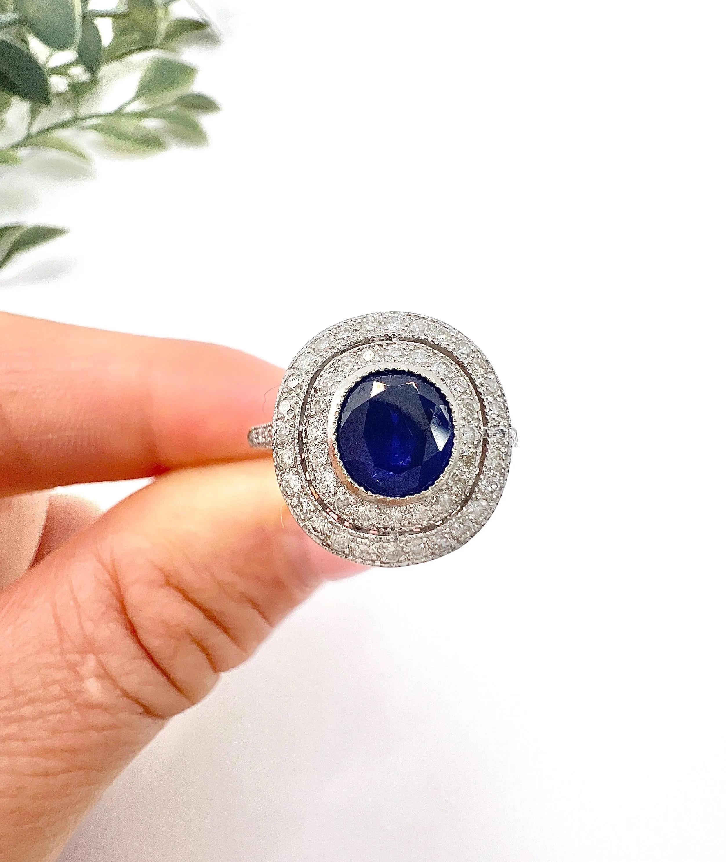 18ct White Gold, Art Deco Style Sapphire & Diamond Double Halo Ring For Sale 4