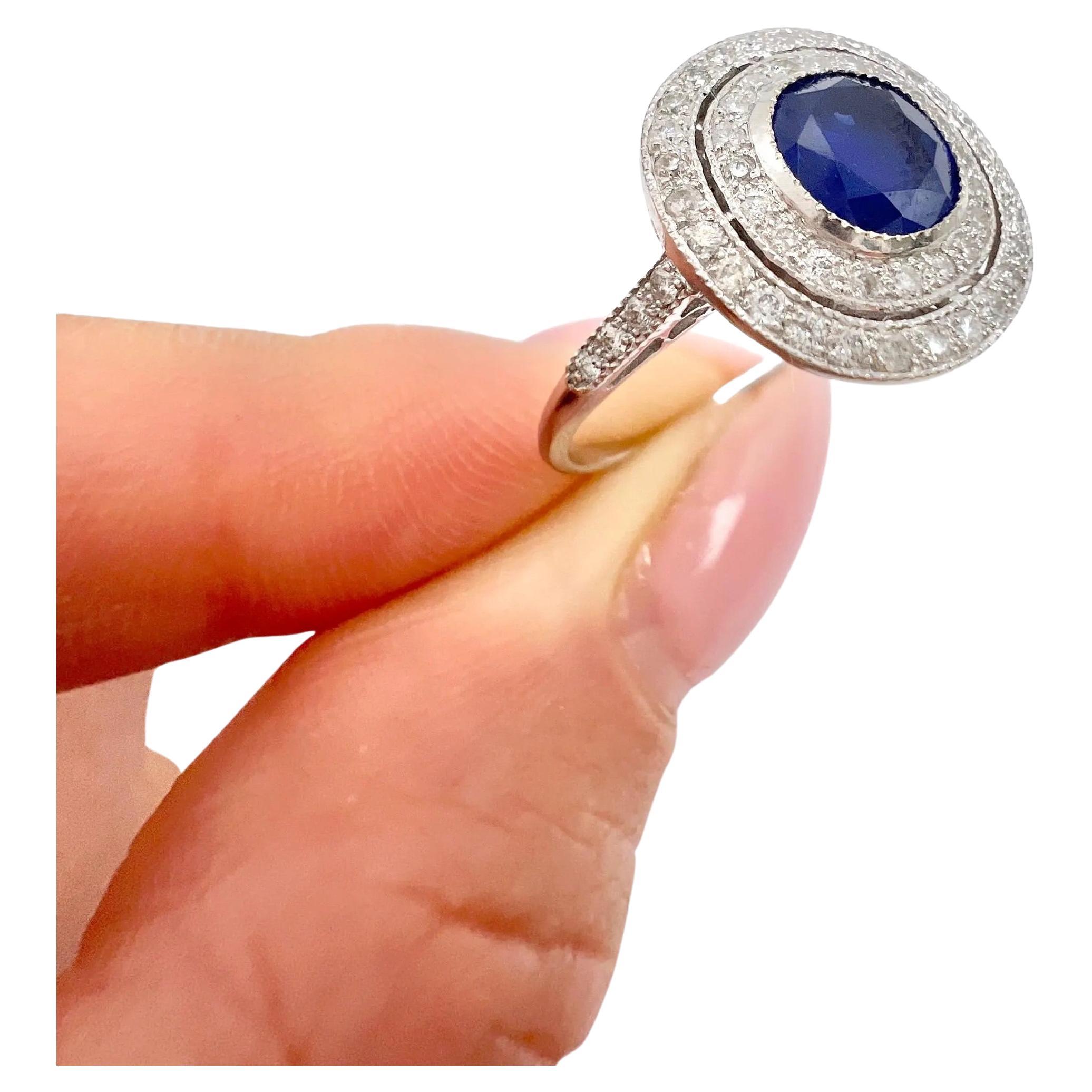 18ct White Gold, Art Deco Style Sapphire & Diamond Double Halo Ring For Sale