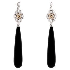 18ct White Gold Australian Argyle Champagne Diamonds and Onyx Drop Earrings