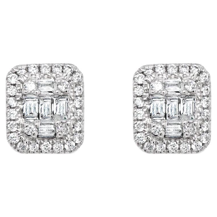 18CT White Gold Baguette and Round Diamonds Emerald Cluster Earrings For Sale