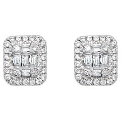 18CT White Gold Baguette and Round Diamonds Emerald Cluster Earrings