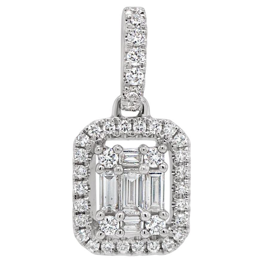 18CT White Gold Baguette and Round Diamonds Emerald Cluster Pendant
