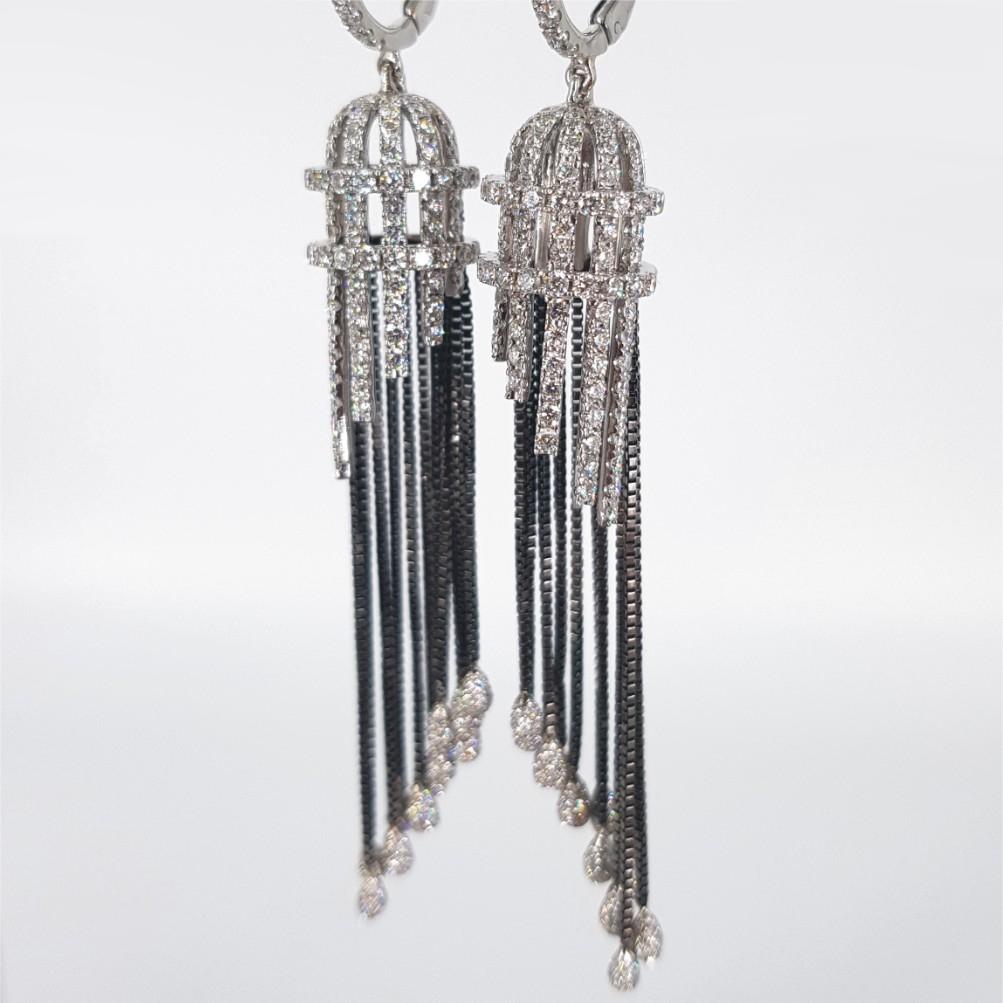Modern 18ct White Gold Bird Cage Diamond Drop Earrings For Sale