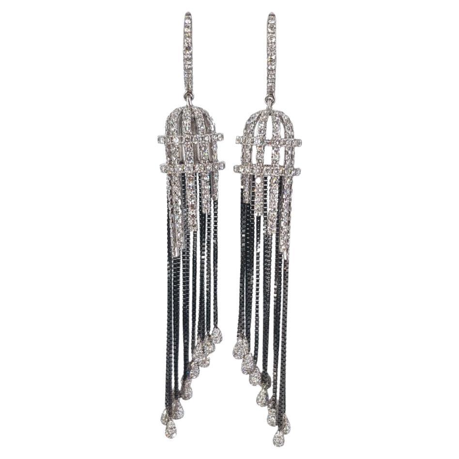 Boucles d'oreilles en goutte en forme de cage d'oiseau en or blanc 18 carats et diamants