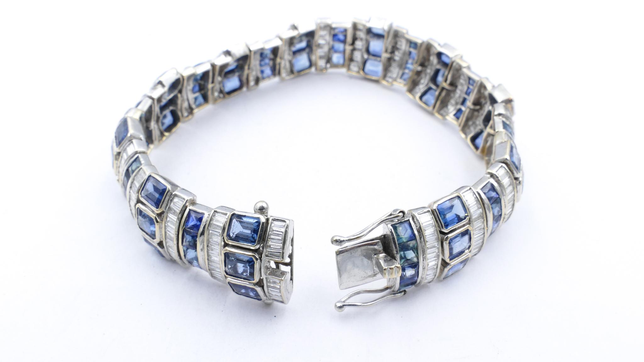 Mixed Cut 18ct White Gold Blue Ceylon Sapphire and High Level Diamond Bracelet