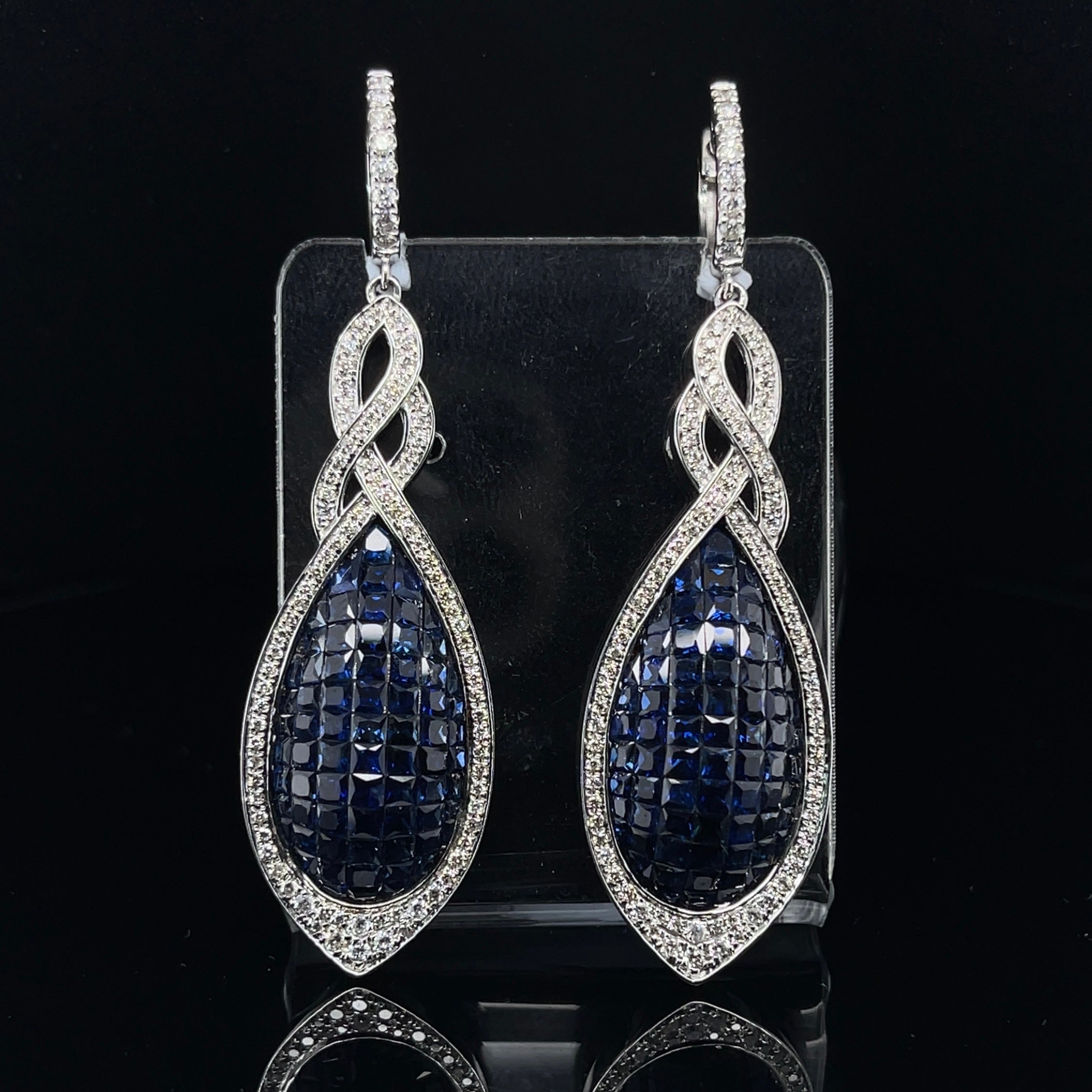 French Cut 18CT White Gold Blue Sapphire and Diamond Ladies Earrings For Sale