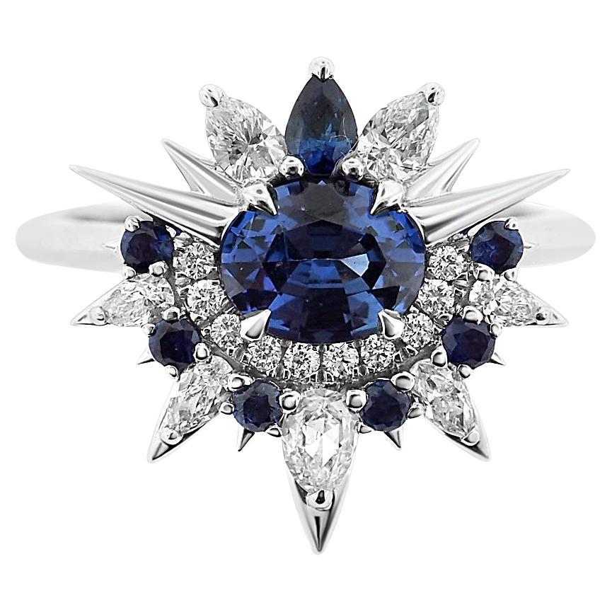 Alternative bague de fiançailles en or blanc 18 carats avec saphir bleu et diamants