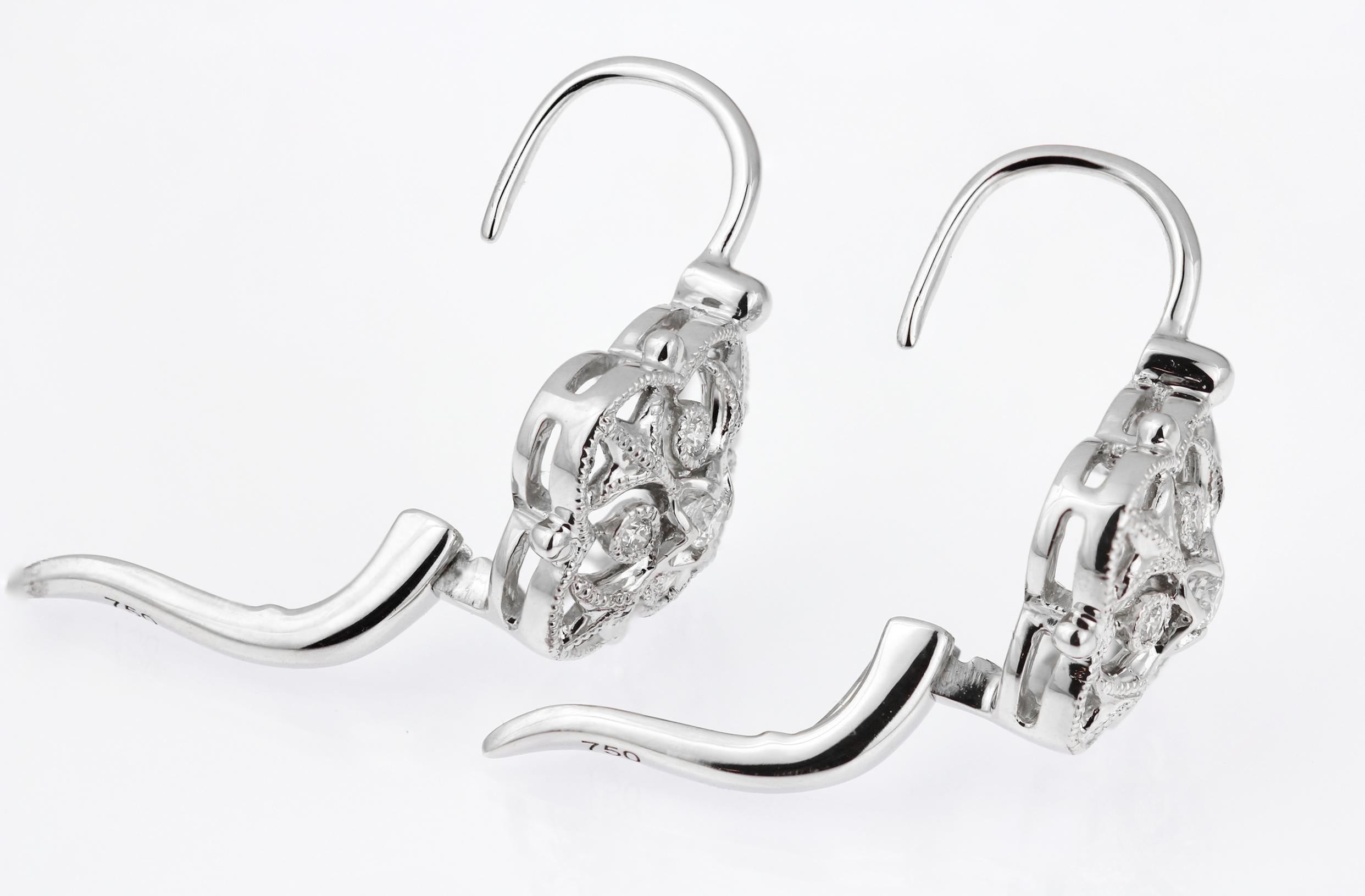 Round Cut 18ct White Gold & Brilliant Diamond Quatrefoil Decorative Earrings For Sale