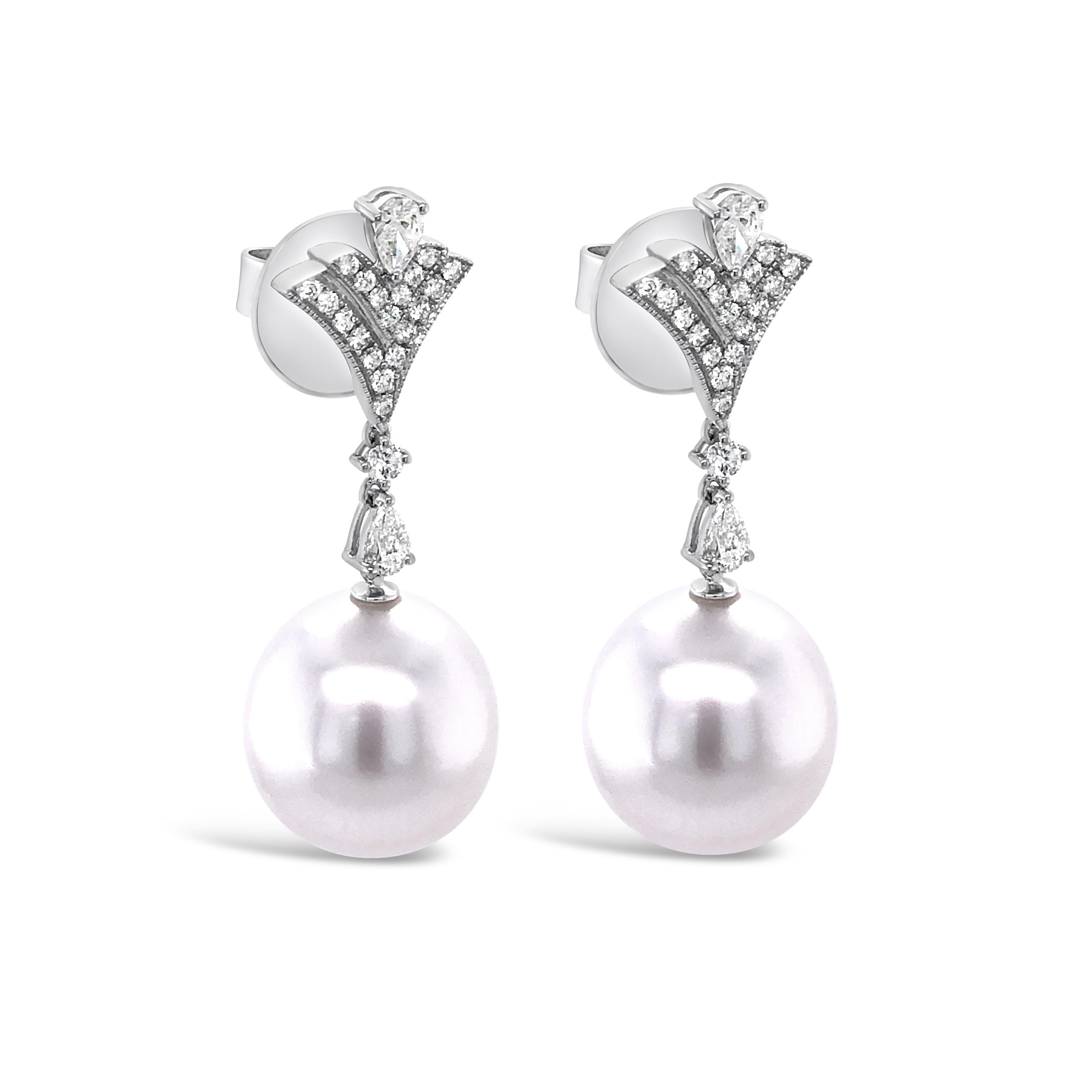 These Kailis 18ct white gold earrings feature 13-14mm south sea pearls, accompanied by round brilliant cut diamonds totalling 0.81ct. 

These elegant pearl and diamond drop earrings are manufactured by Kailis. Kailis, an Australian brand, opened