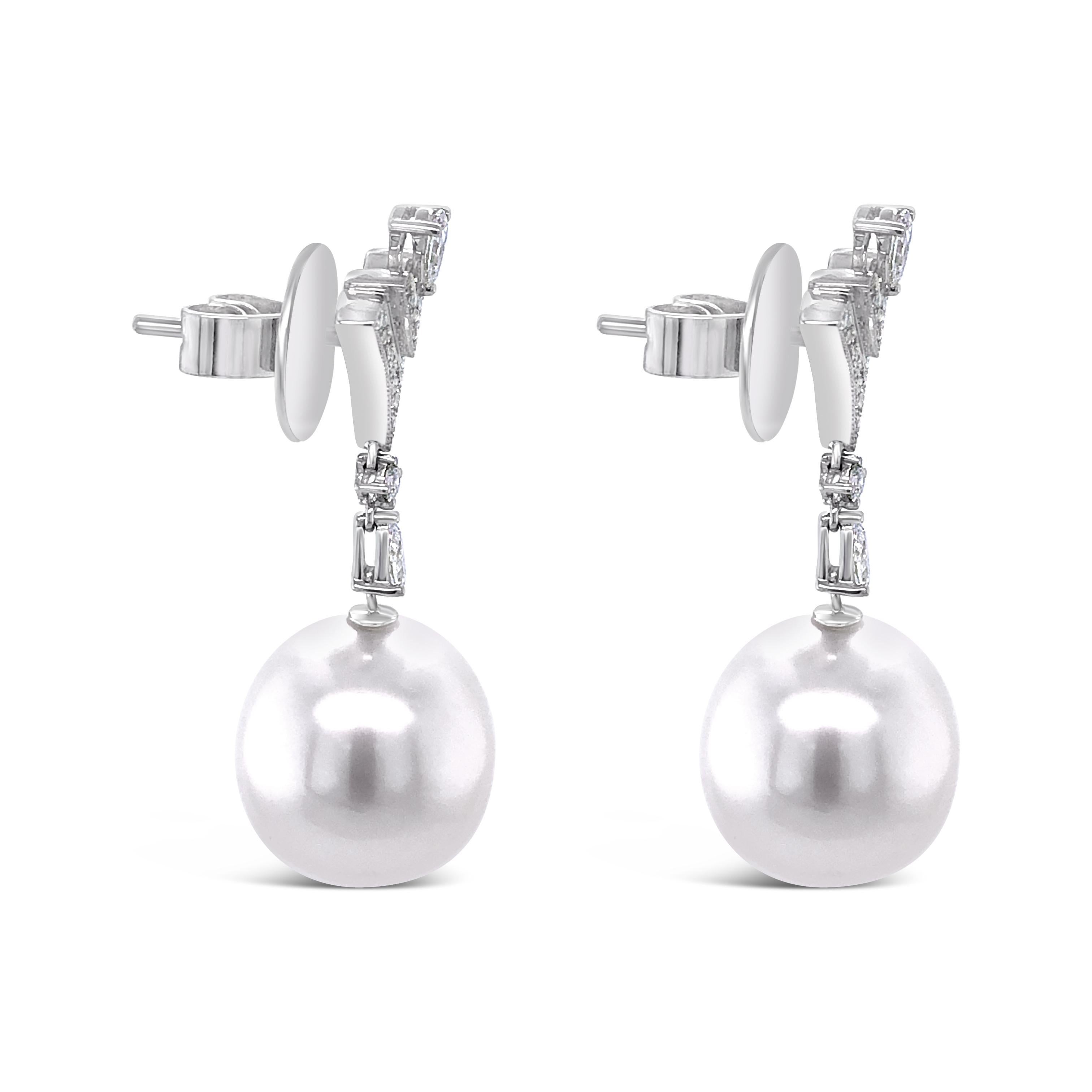 Modern 18ct White Gold 'Charleston' South Sea Pearl and Diamond Drop Earrings For Sale