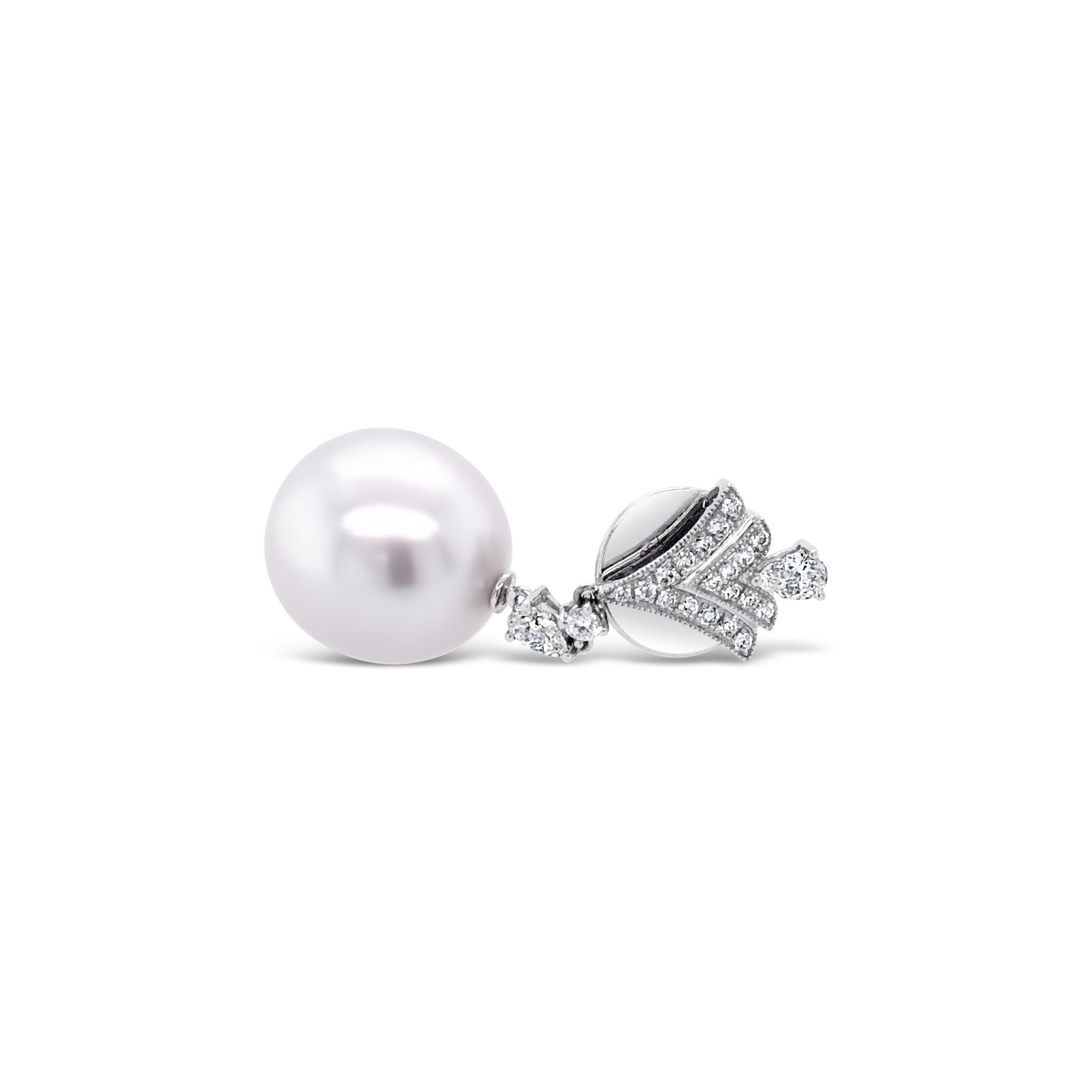 Round Cut 18ct White Gold 'Charleston' South Sea Pearl and Diamond Drop Earrings For Sale