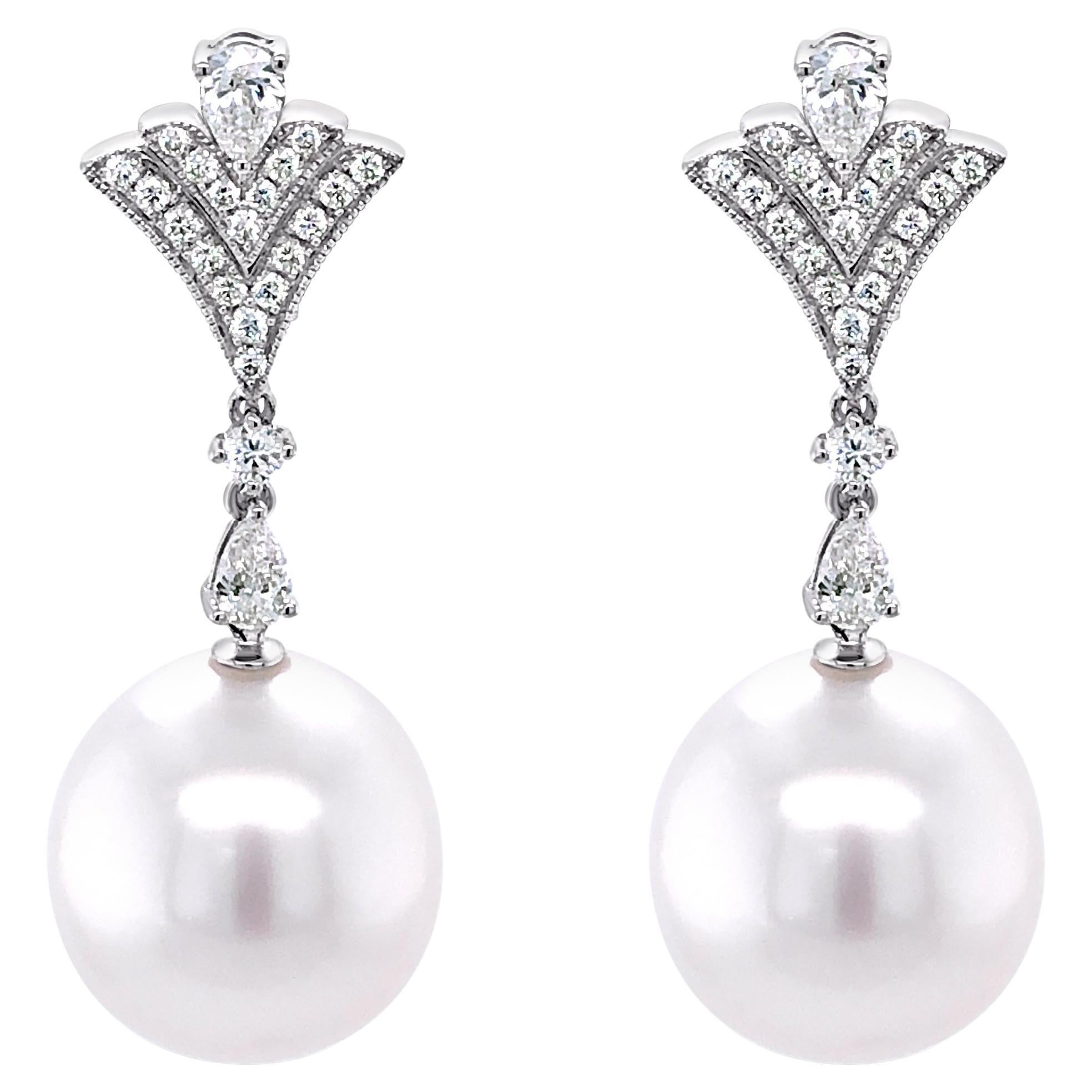 18ct White Gold 'Charleston' South Sea Pearl and Diamond Drop Earrings For Sale