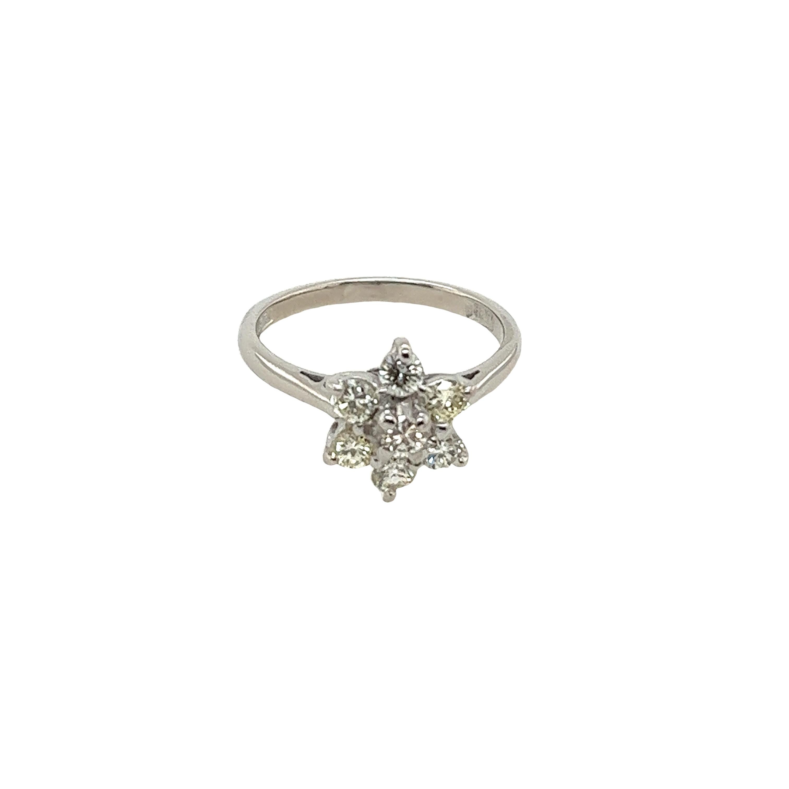 An elegant diamond cluster ring for your engagement or anniversary, 
set with 7 round brilliant cut diamonds 0.50ct I-K colour and SI1 clarity 
in an 18ct white gold setting.
Total Diamond Weight: 0.50ct
Diamond Colour: I-K
Diamond Clarity: SI
Width