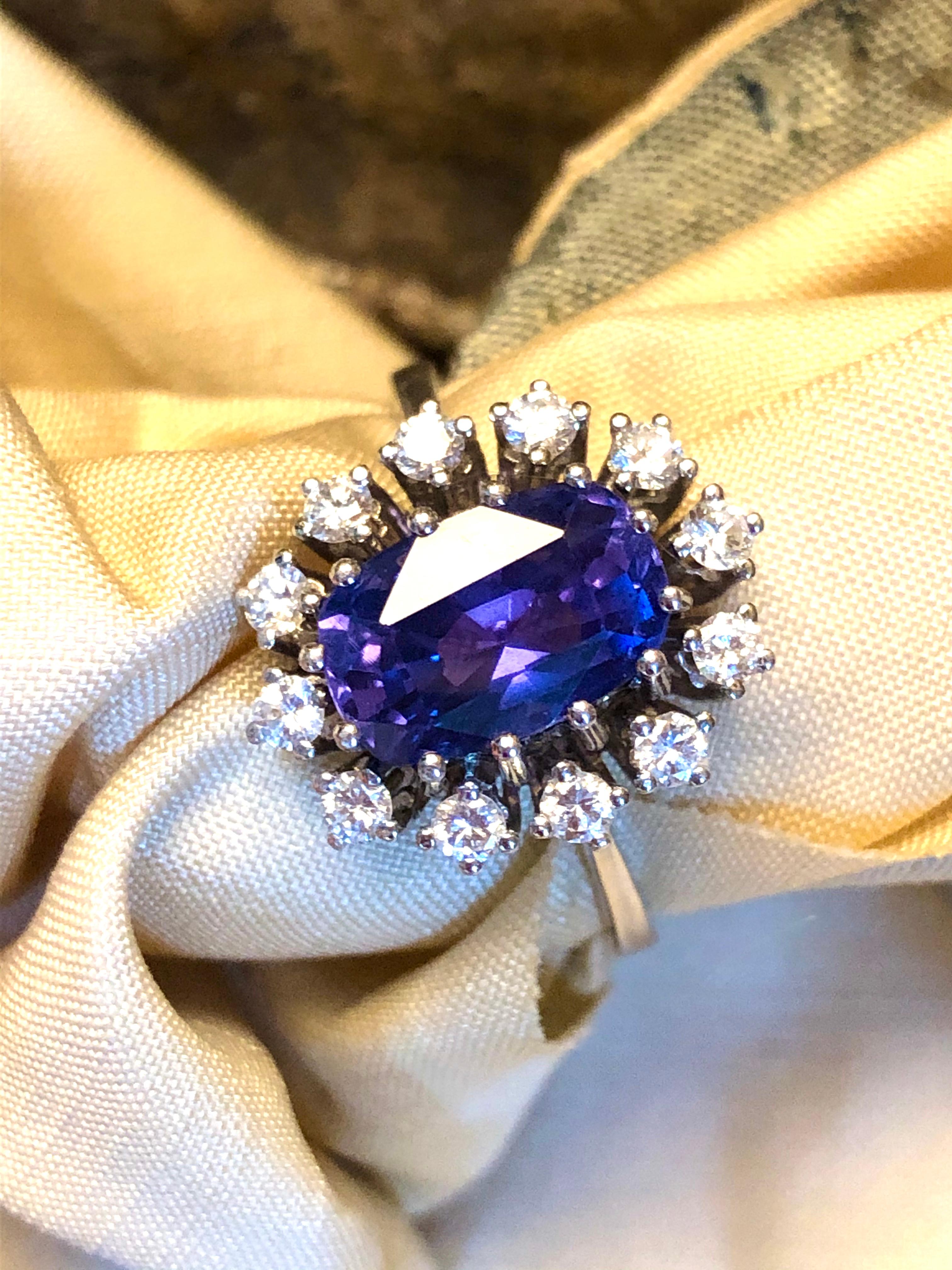 Cushion Cut 18 Carat White Gold, Color-Change Sapphire and Diamond Ring, Late 20th Century