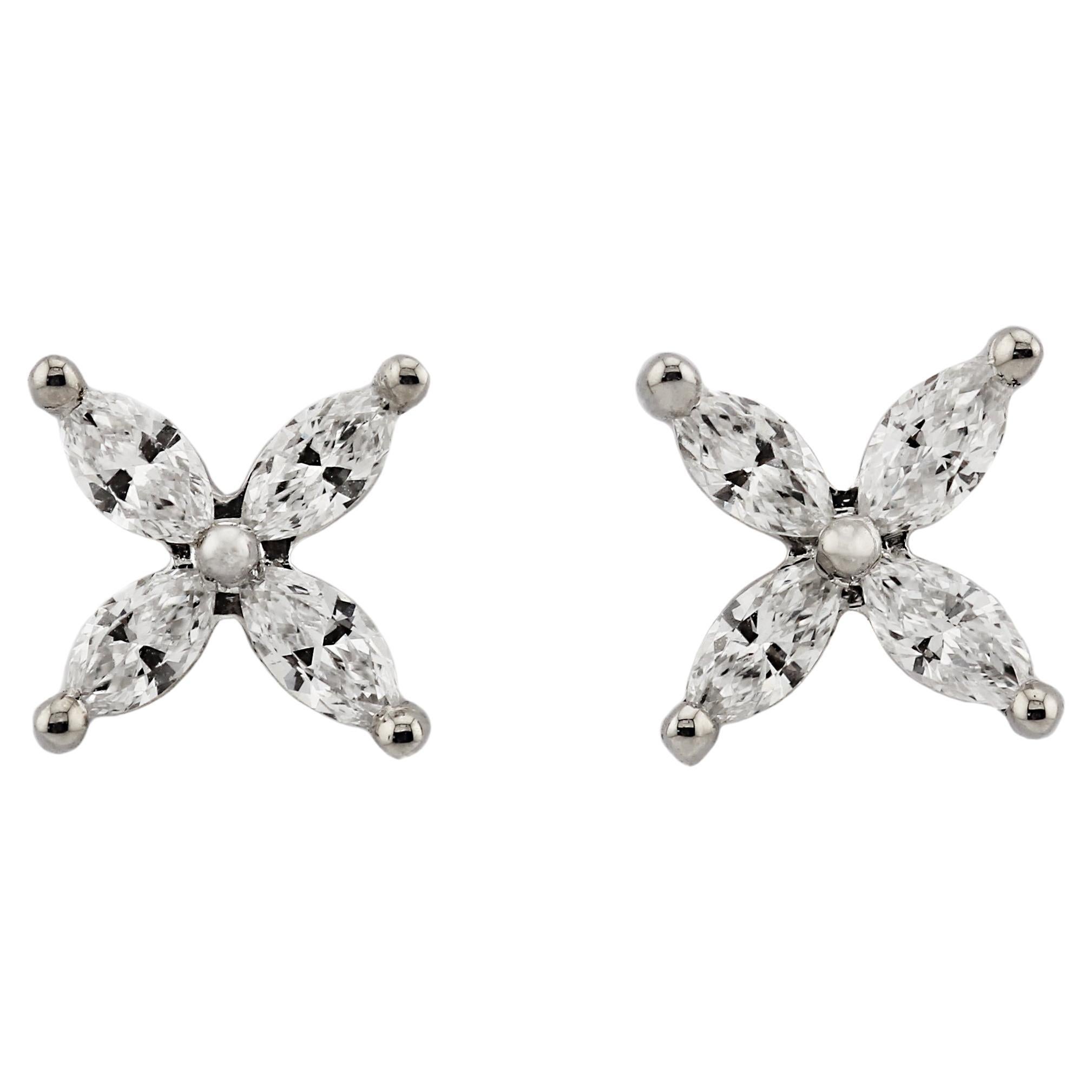 18ct White Gold 'Compass Point' Marquise Cut Diamond Earstuds For Sale