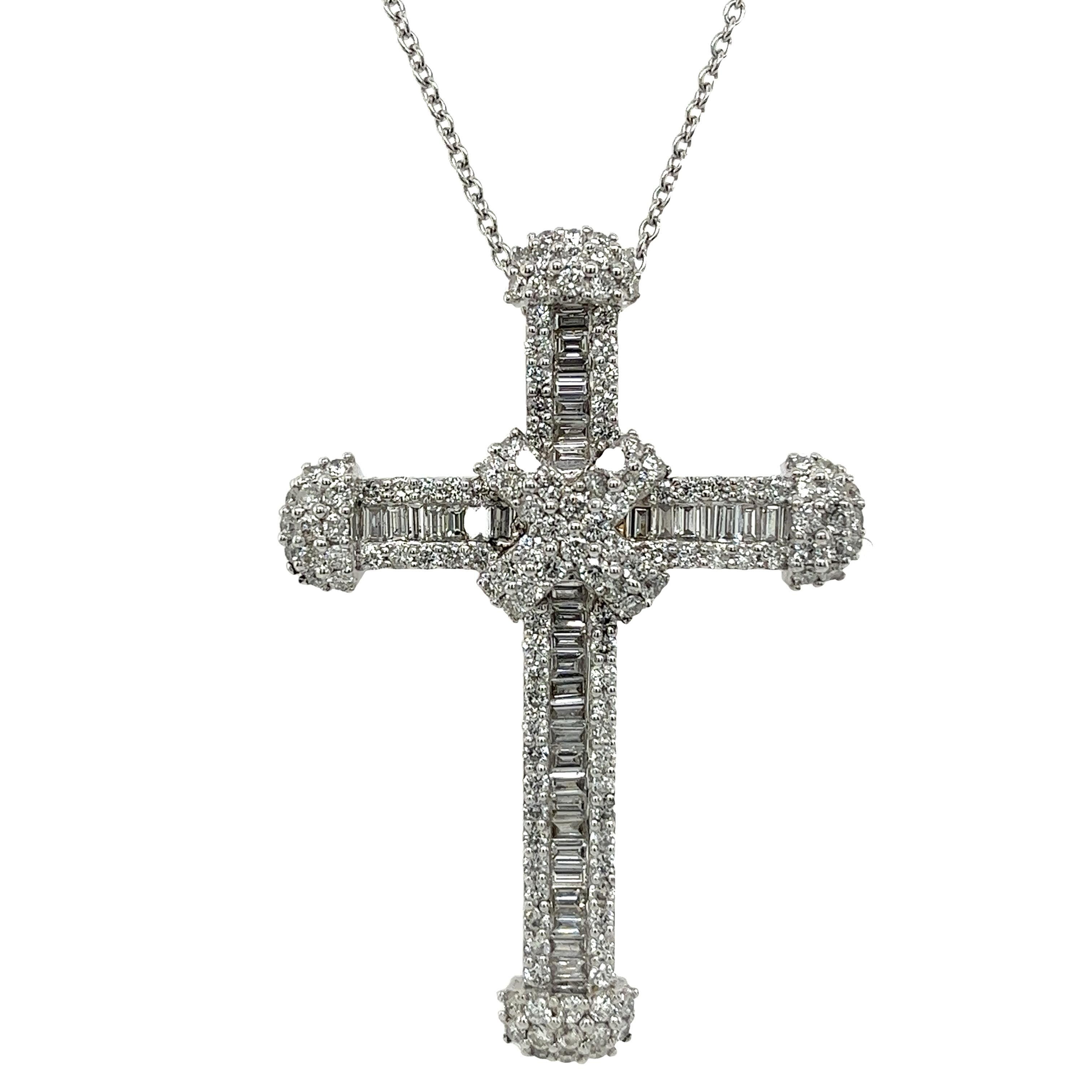 18ct White Gold Cross Pendant Set With 2.50ct Baguette & Round Diamonds For Sale 3