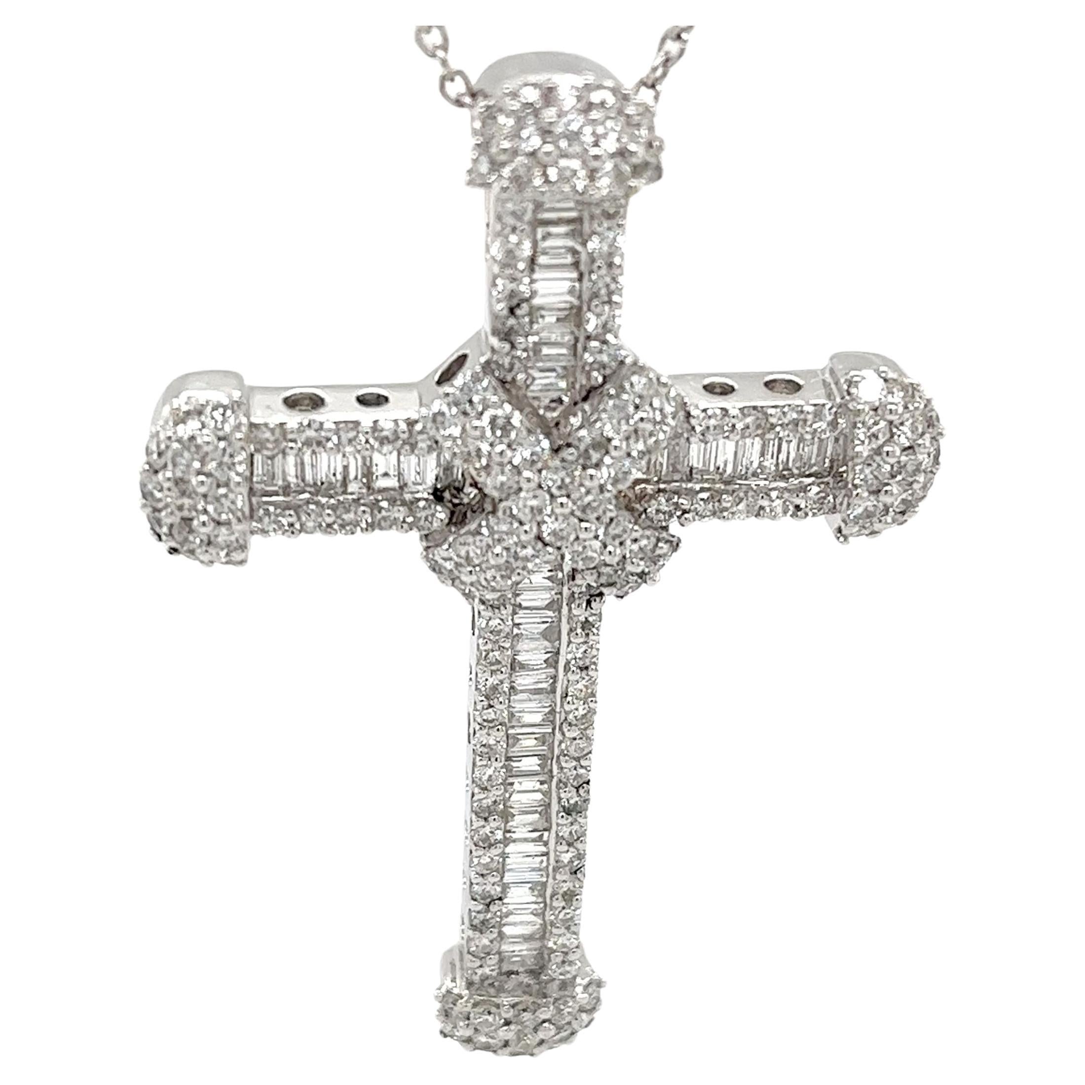 18ct White Gold Cross Pendant Set With 2.50ct Baguette & Round Diamonds