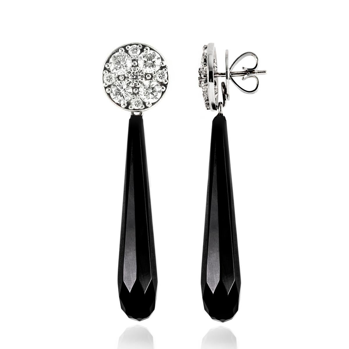 18ct White Gold Handmade Diamond Grain Set cluster earrings with 40mm long onyx briolette drops - post and butterfly
can be worn together or the diamonds can be worn on their own as separate stud earrings. 
The diamond tops - hand made grain set