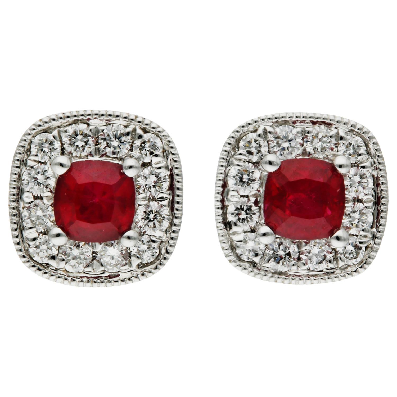 Cushion Cut 18ct White Gold Diamond & 0.35ct Ruby Earrings For Sale