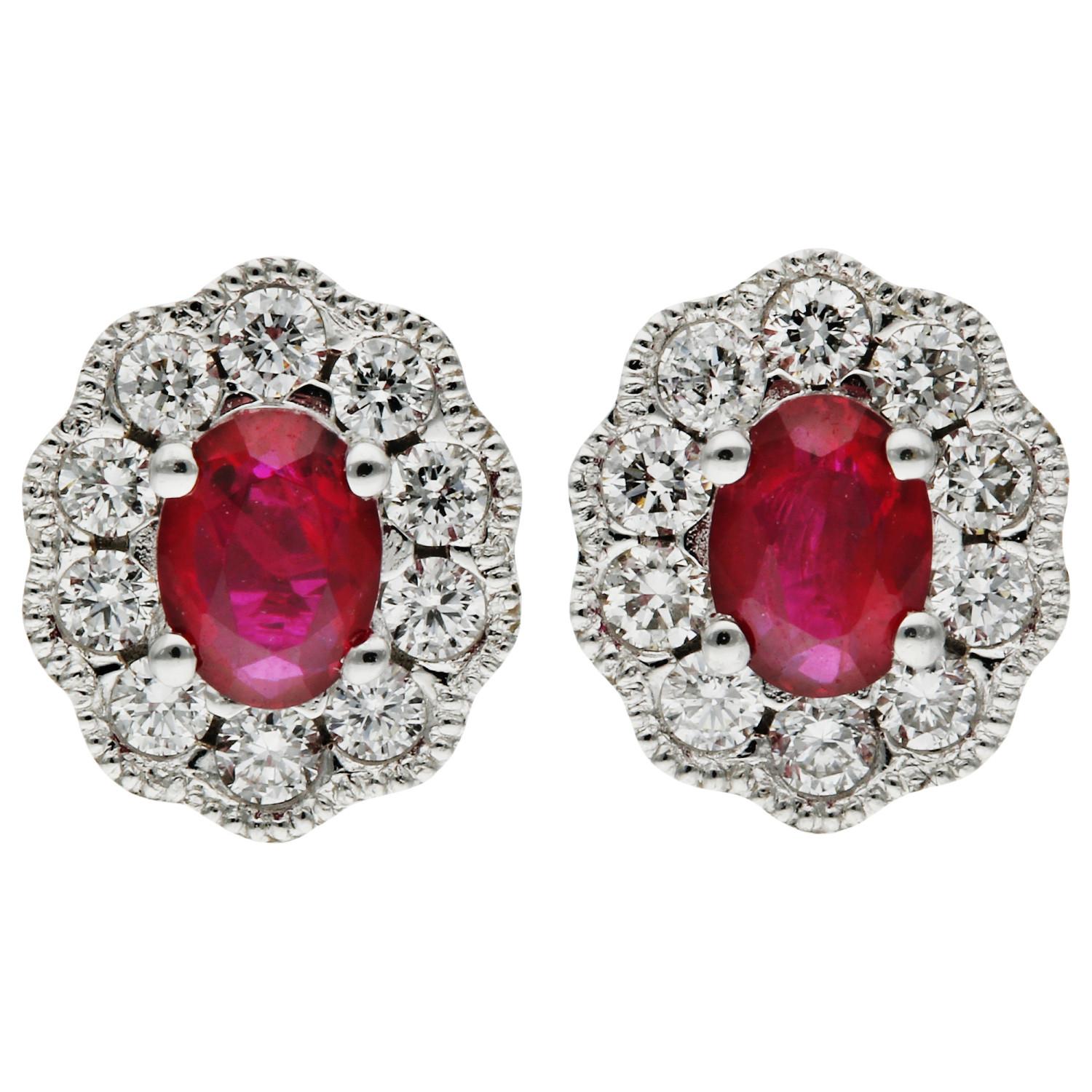 Oval Cut 18ct White Gold Diamond & 0.44ct Ruby Earrings For Sale