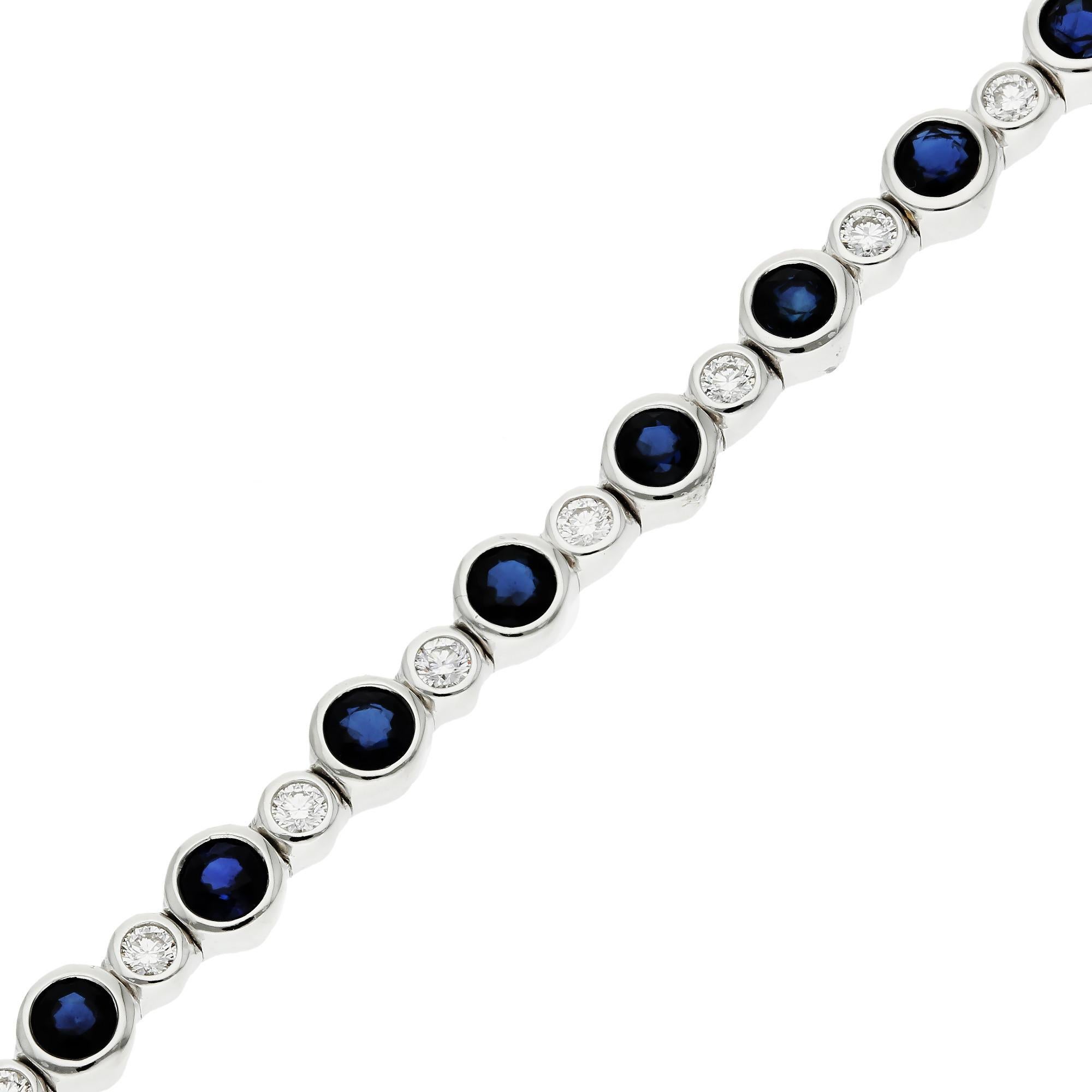 Round Cut 18ct White Gold Diamond & 3.50ct Sapphire Tennis Bracelet For Sale
