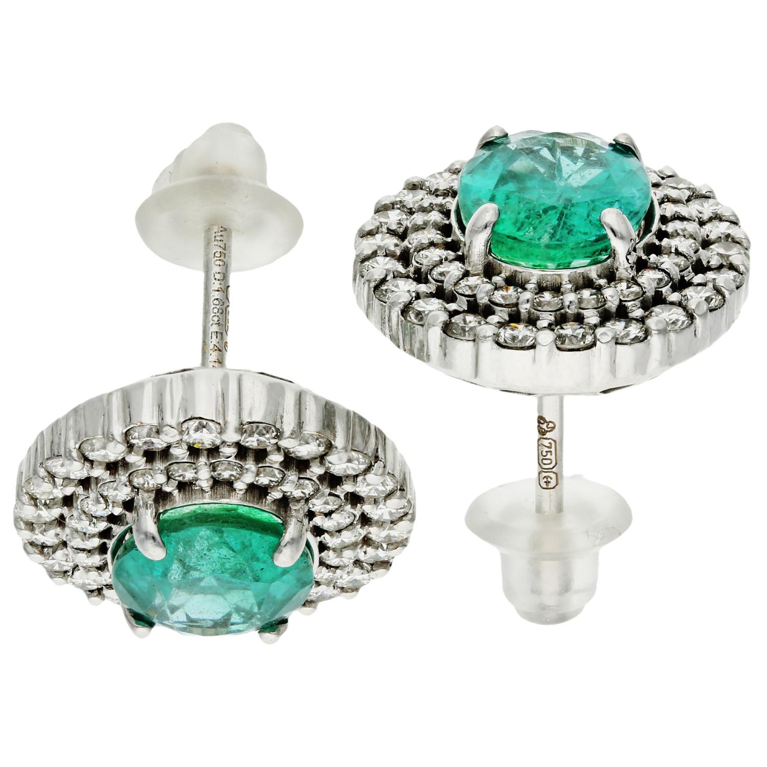 Modern 18ct White Gold Diamond & 4.14ct Emerald Earrings For Sale