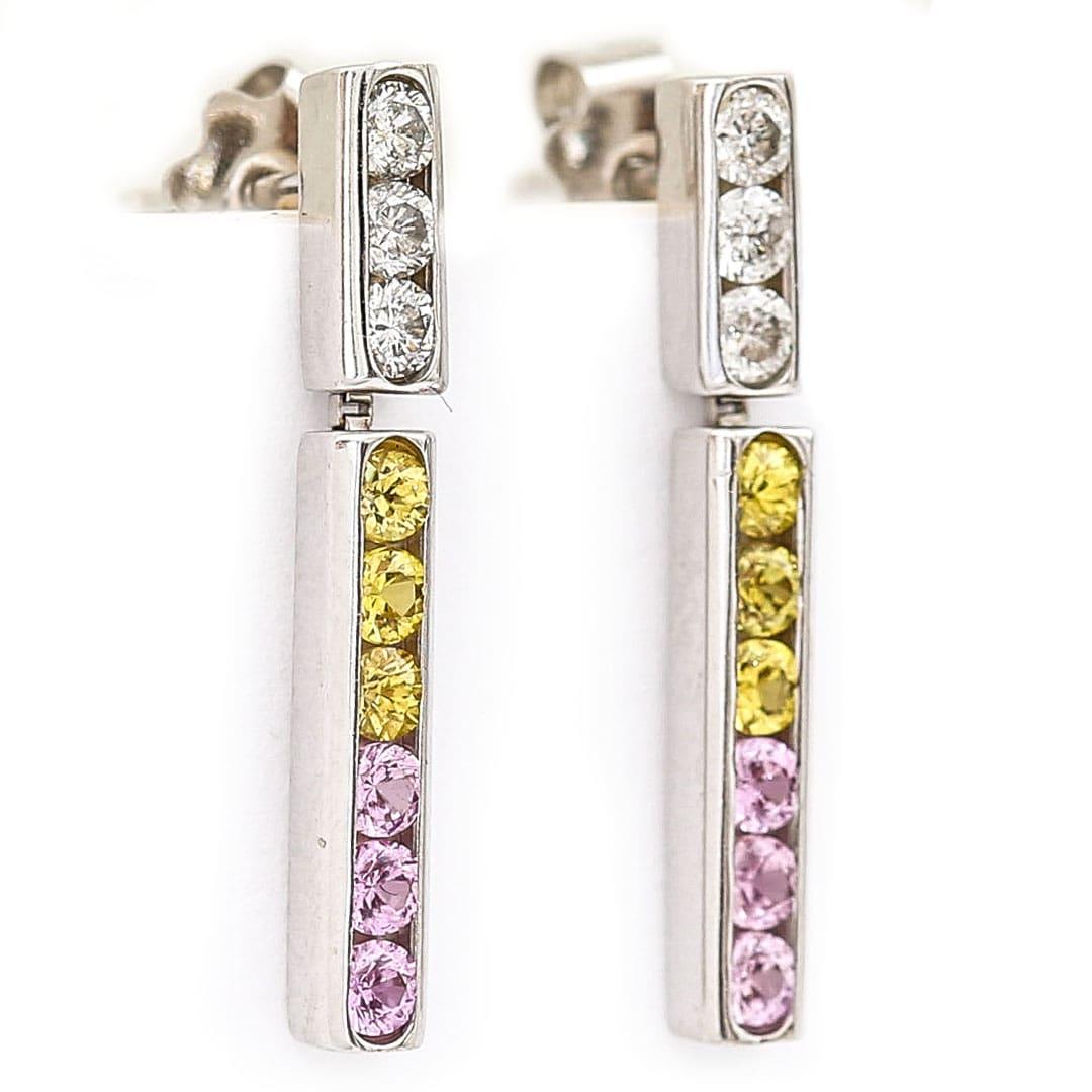 Contemporary 18ct White Gold Diamond and Multi Coloured Sapphire Drop Earrings