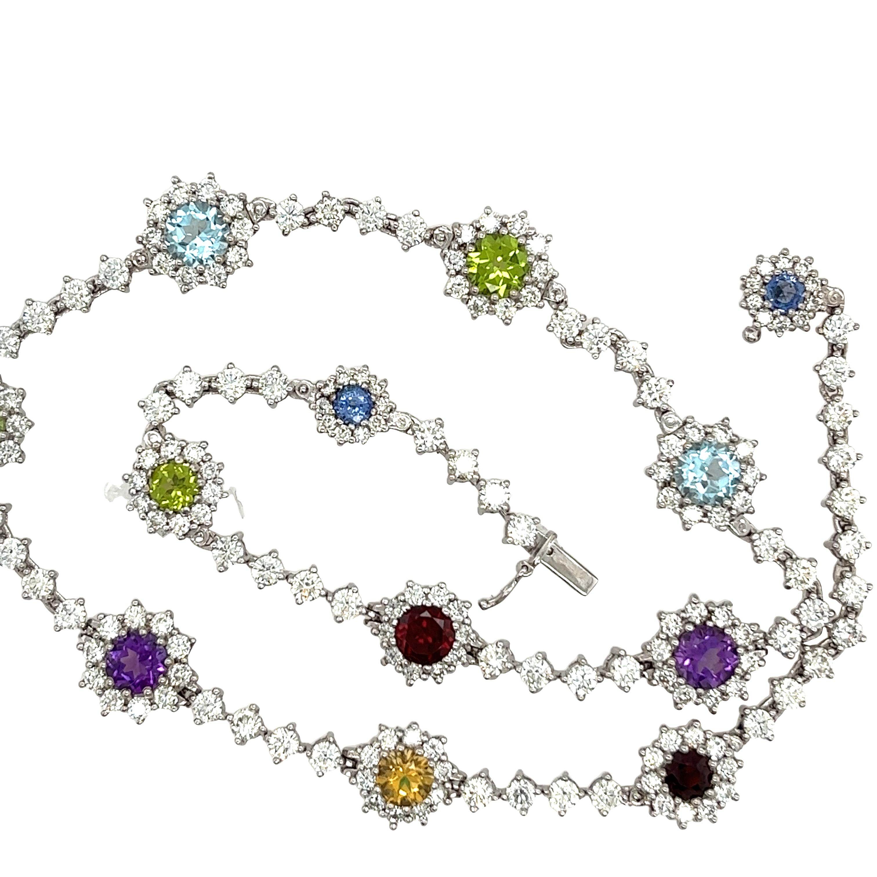 Round Cut 18ct White Gold Diamond and Multi Gemstone necklace, set with 10.0ct of Diamonds
