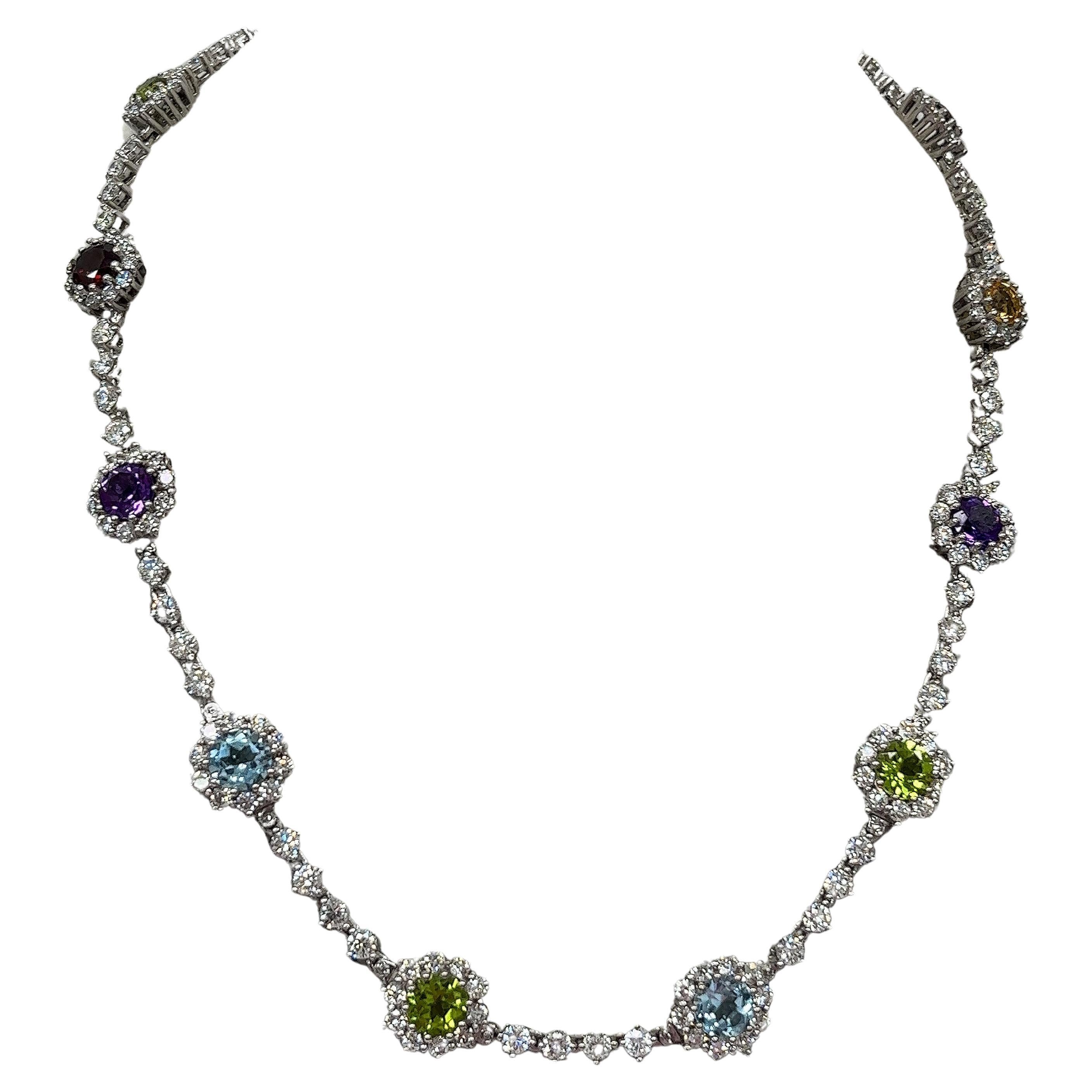 18ct White Gold Diamond and Multi Gemstone necklace, set with 10.0ct of Diamonds For Sale